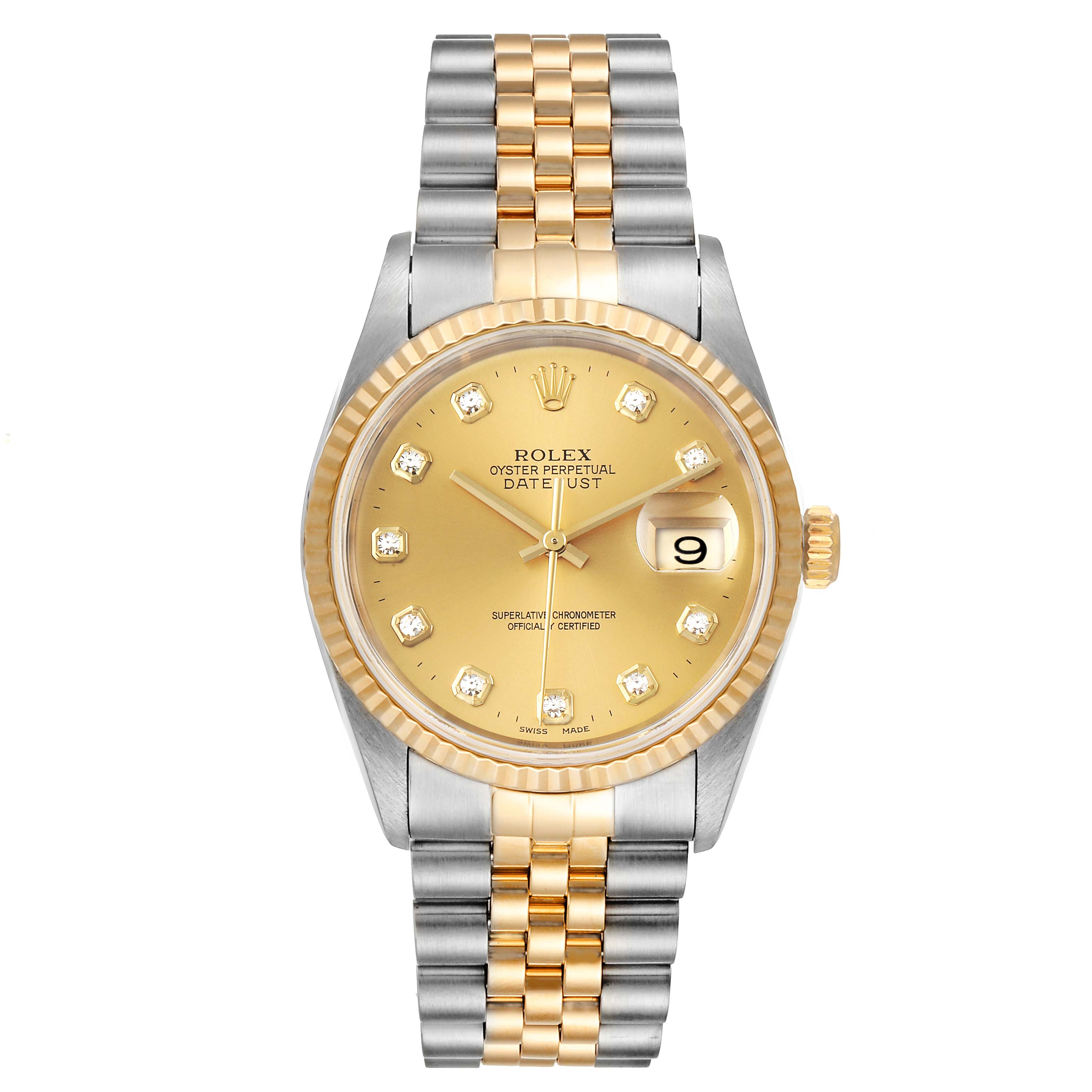 This image shows a front view of the Rolex Datejust 16233 Men's Steel and Gold (two tone) Champagne Dial 16233 Men's Steel and Gold (two tone) Champagne Dial watch, highlighting the gold dial, date window, fluted bezel, and two-tone bracelet.