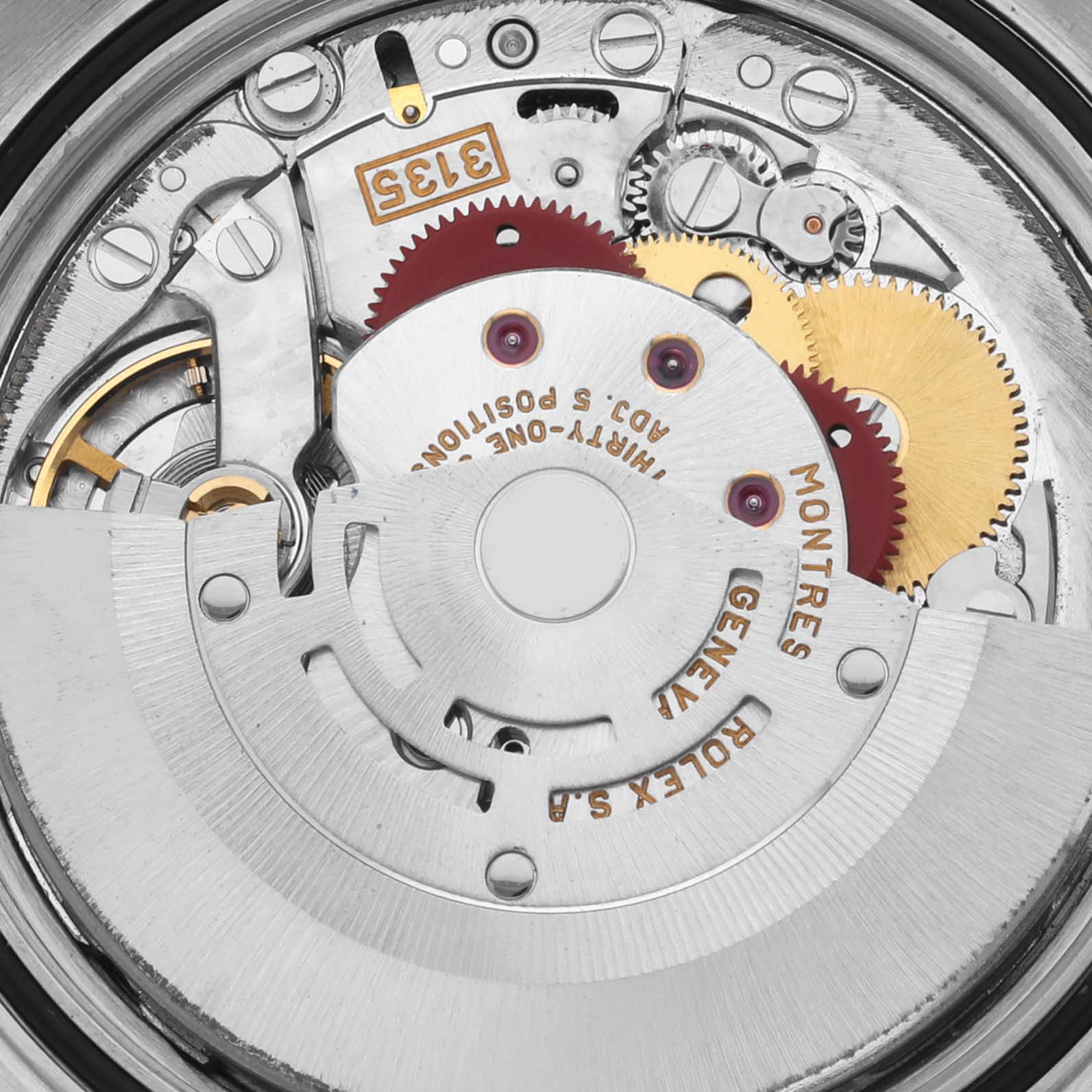 This image shows the intricate movement mechanism of a Rolex Datejust 16233 Men's Steel and Gold (two tone) Beige Dial 16233 Men's Steel and Gold (two tone) Beige Dial watch, viewed from the back.