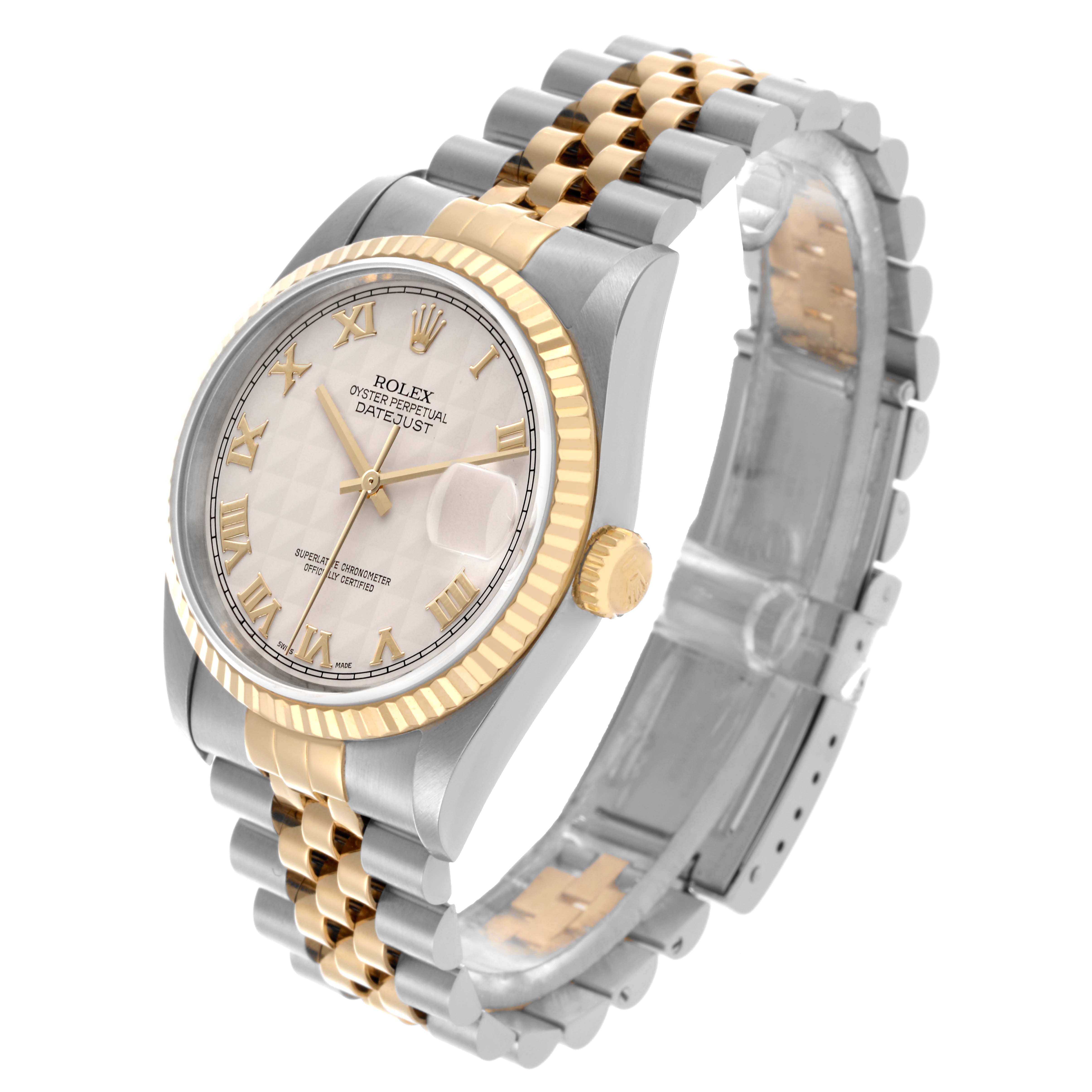 The Rolex Datejust 16233 Men's Steel and Gold (two tone) Beige Dial 16233 Men's Steel and Gold (two tone) Beige Dial watch is shown at an angle highlighting the face, bezel, crown, and the jubilee bracelet.