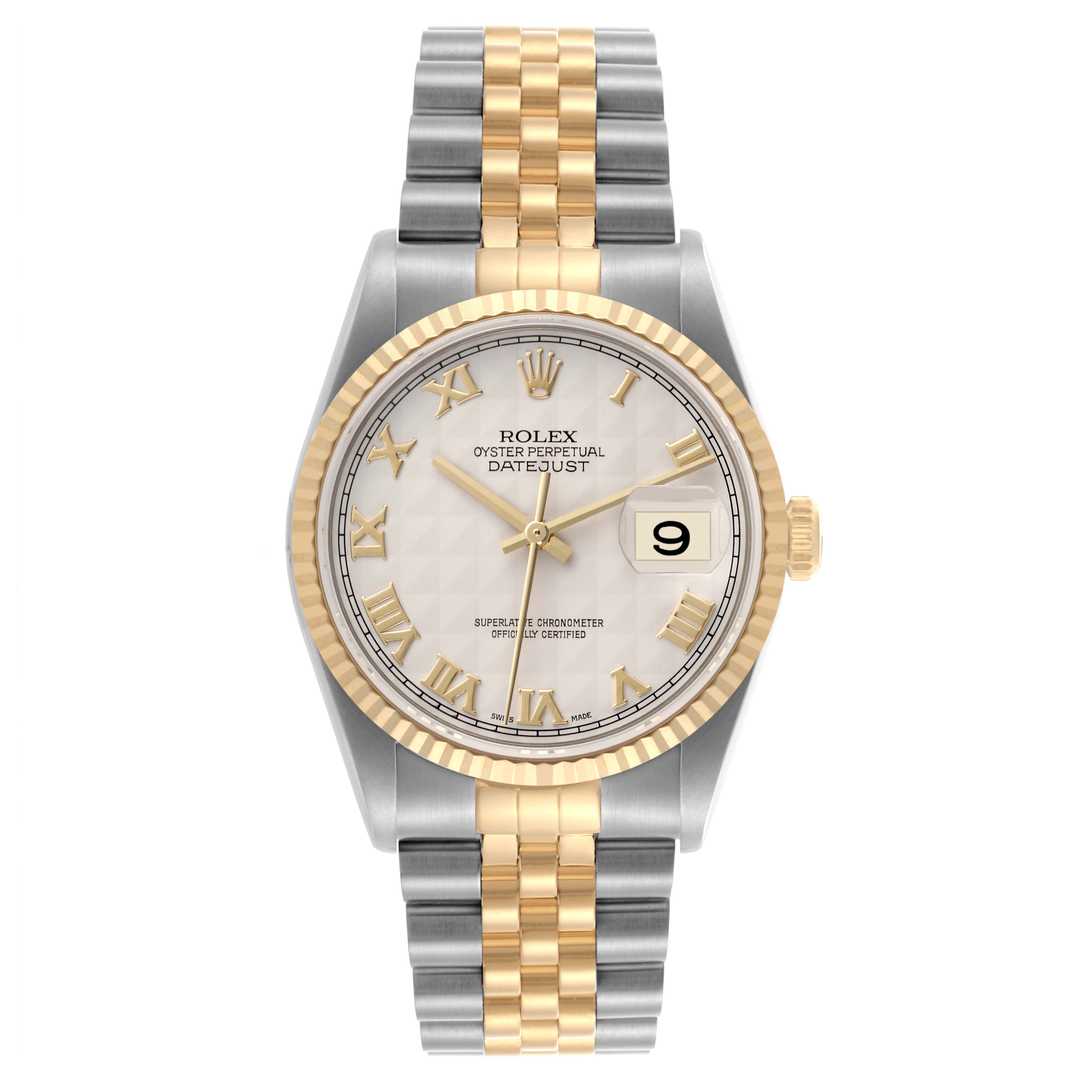The image shows a front view of a Rolex Datejust 16233 Men's Steel and Gold (two tone) Beige Dial 16233 Men's Steel and Gold (two tone) Beige Dial watch, highlighting the face, bezel, and two-tone bracelet.
