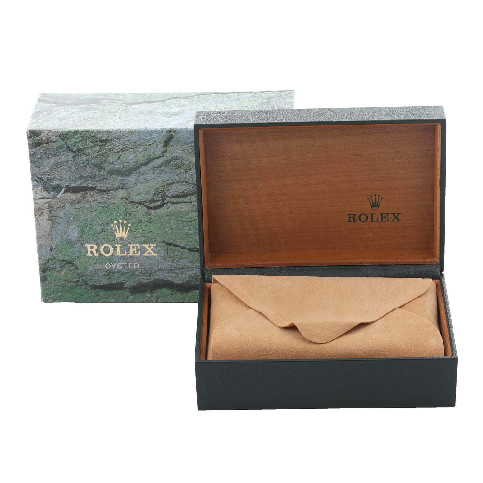 The image shows a Rolex Datejust 16233 Men's Steel and Gold (two tone) Beige Dial 16233 Men's Steel and Gold (two tone) Beige Dial watch box, including an outer box and a leather pouch inside.