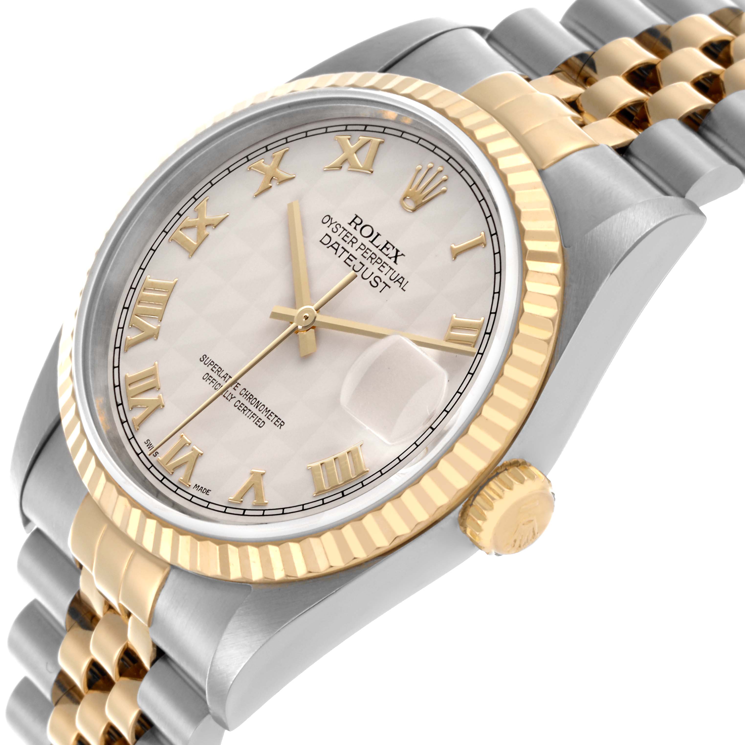 The Rolex Datejust 16233 Men's Steel and Gold (two tone) Beige Dial 16233 Men's Steel and Gold (two tone) Beige Dial is shown from an angled side view, highlighting the dial, bezel, crown, and part of the bracelet.