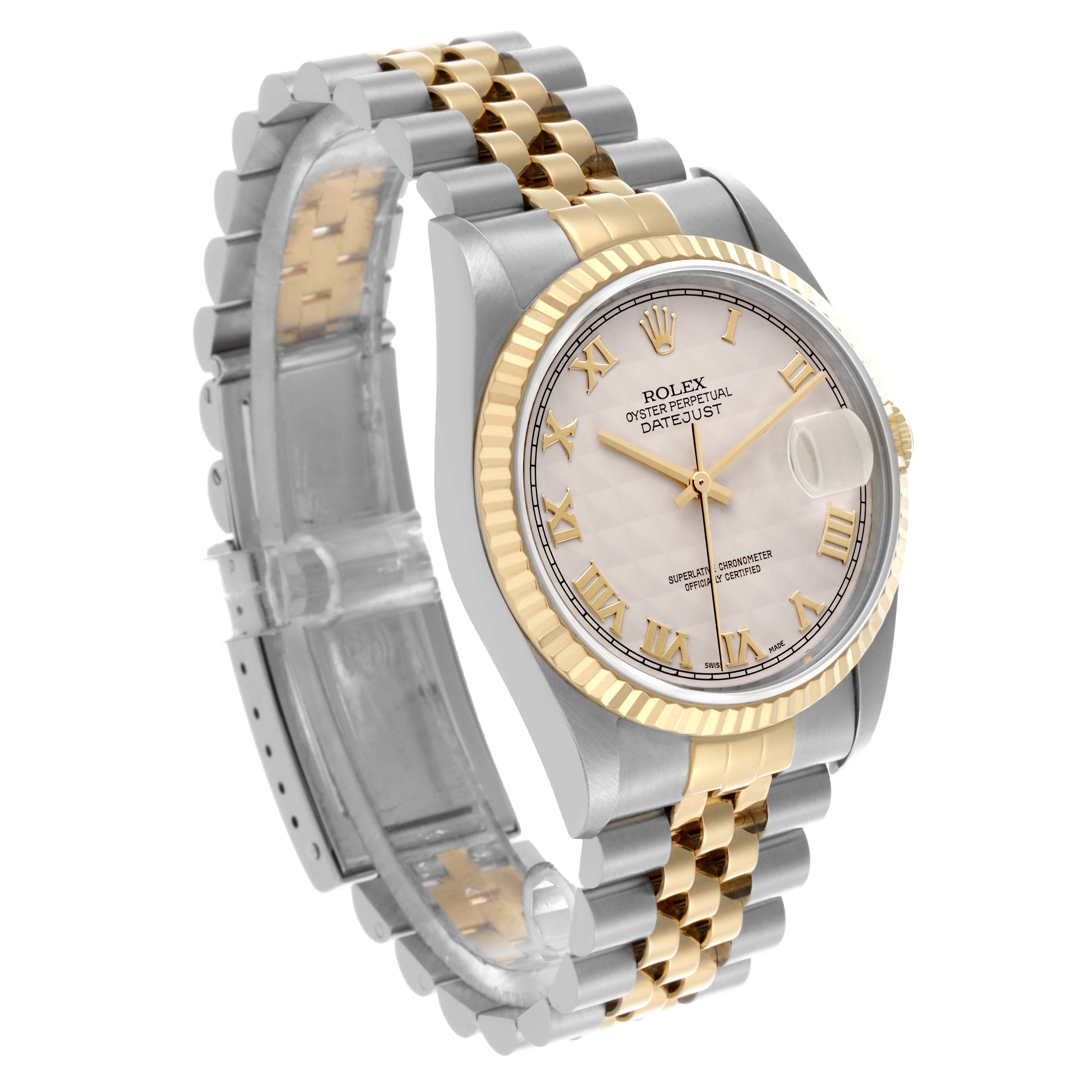 The Rolex Datejust 16233 Men's Steel and Gold (two tone) Beige Dial 16233 Men's Steel and Gold (two tone) Beige Dial watch is shown at a three-quarter angle, highlighting the two-tone bracelet, bezel, and dial.