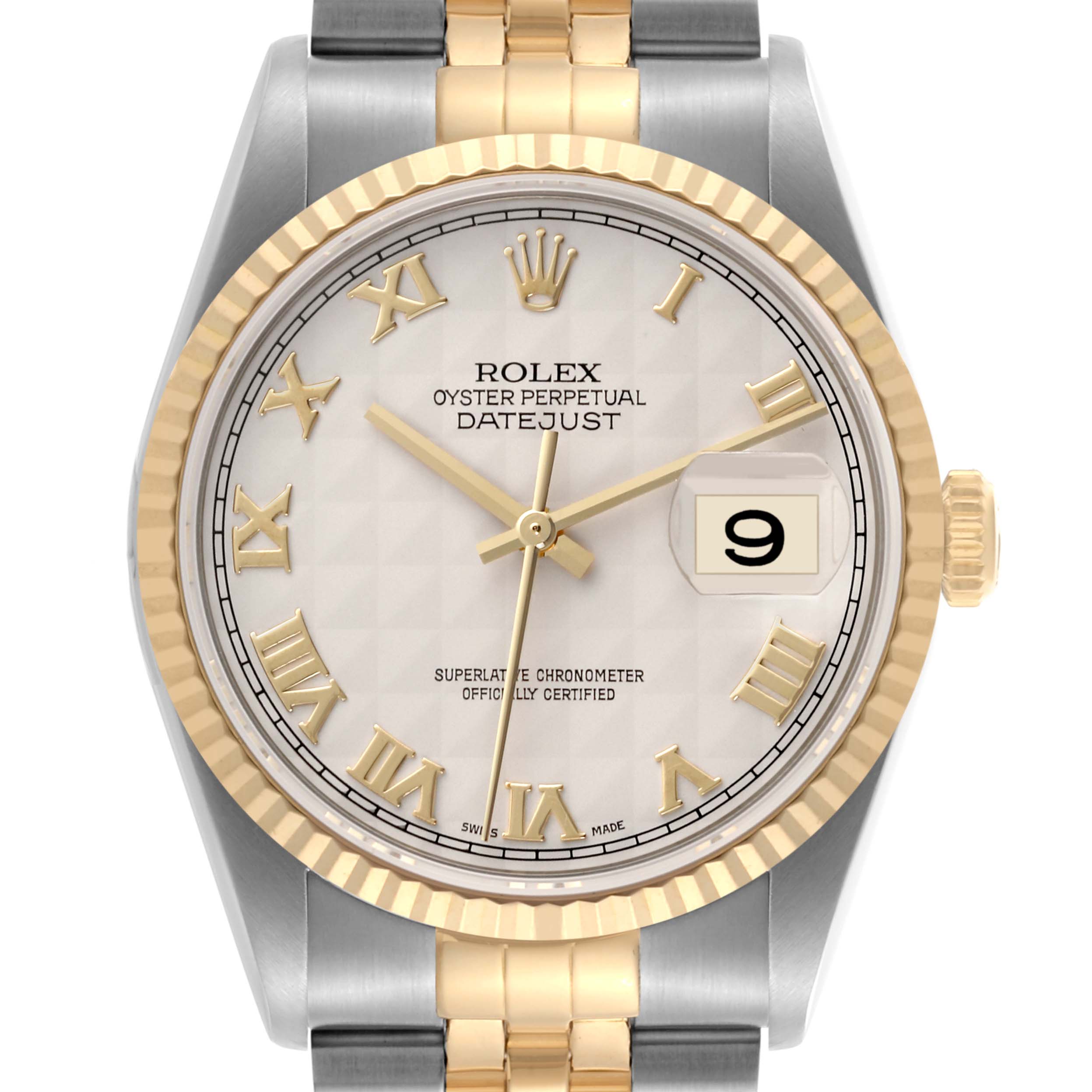 The image shows a front view of a Rolex Datejust 16233 Men's Steel and Gold (two tone) Beige Dial 16233 Men's Steel and Gold (two tone) Beige Dial watch, highlighting the dial, bezel, and part of the bracelet.