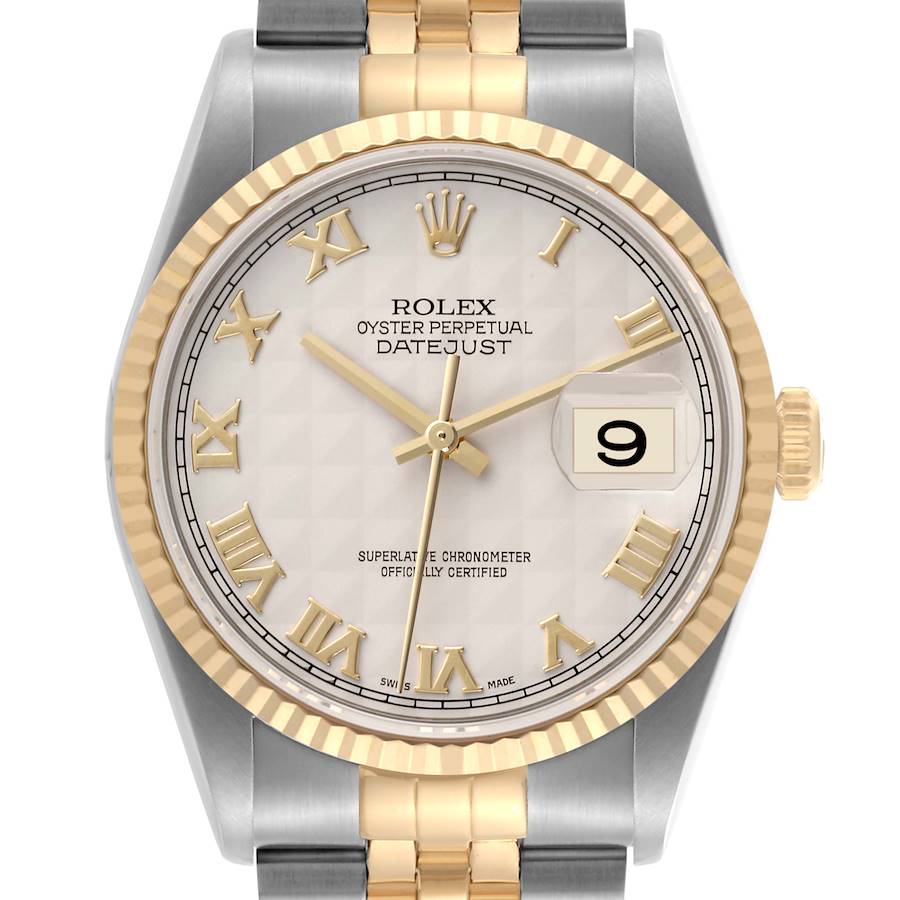 The image shows a front view of a Rolex Datejust watch, highlighting the dial, bezel, and part of the bracelet.