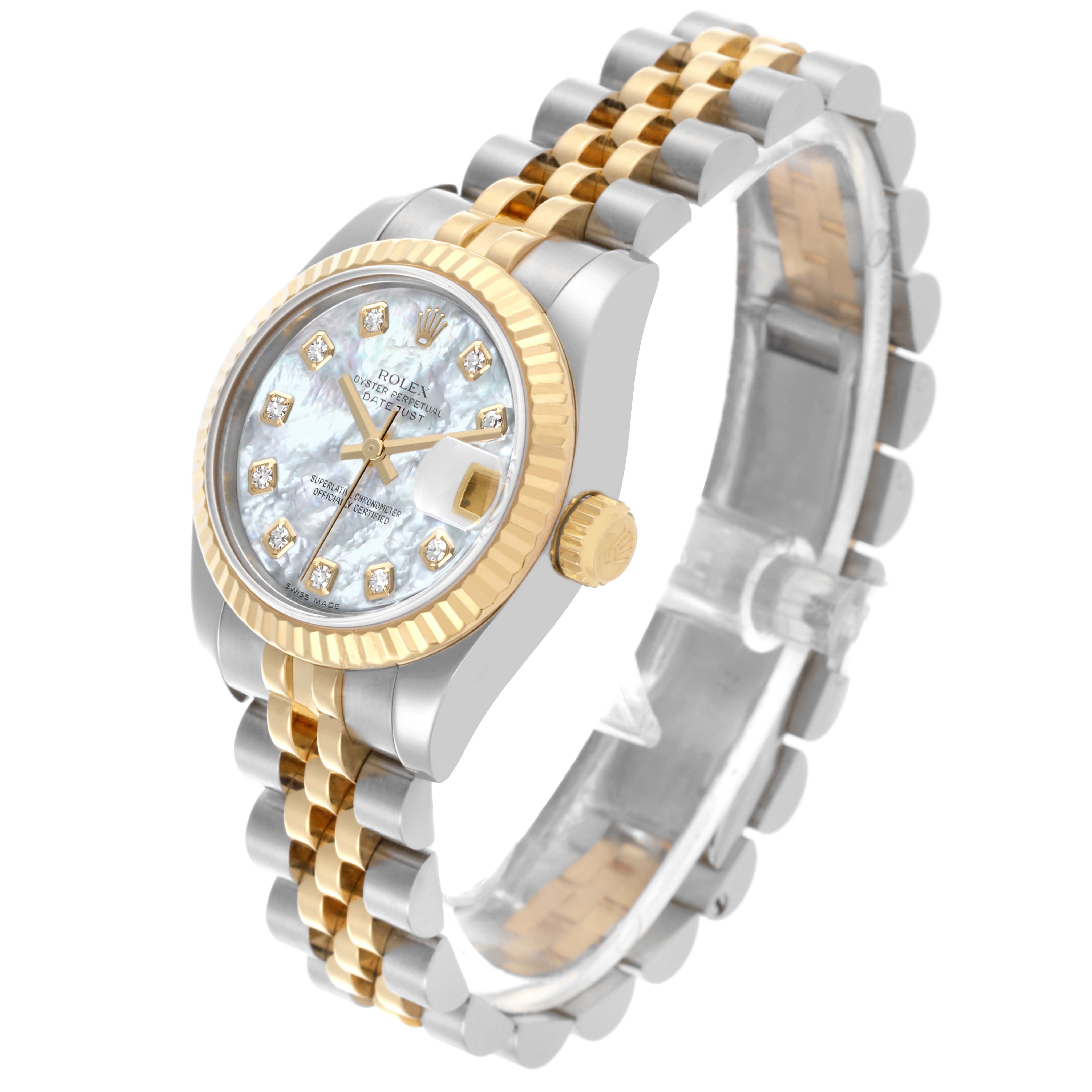 The Rolex Datejust 179173 Women's Steel and Gold (two tone) Mother of Pearl Dial 179173 Women's Steel and Gold (two tone) Mother of Pearl Dial watch is shown at a three-quarter angle, highlighting the dial, bezel, crown, and two-tone bracelet.