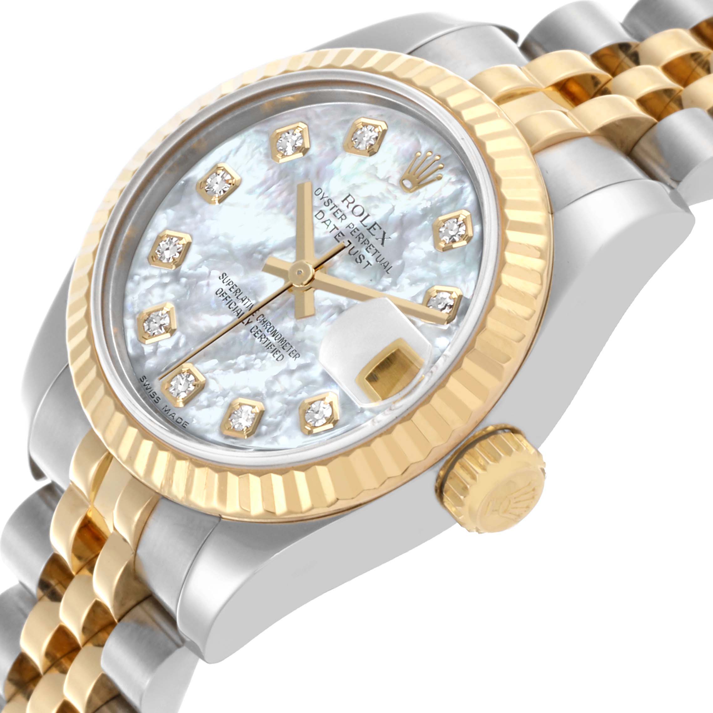 The Rolex Datejust 179173 Women's Steel and Gold (two tone) Mother of Pearl Dial 179173 Women's Steel and Gold (two tone) Mother of Pearl Dial watch is shown from a side angle, featuring the bezel, dial, crown, and part of the bracelet.