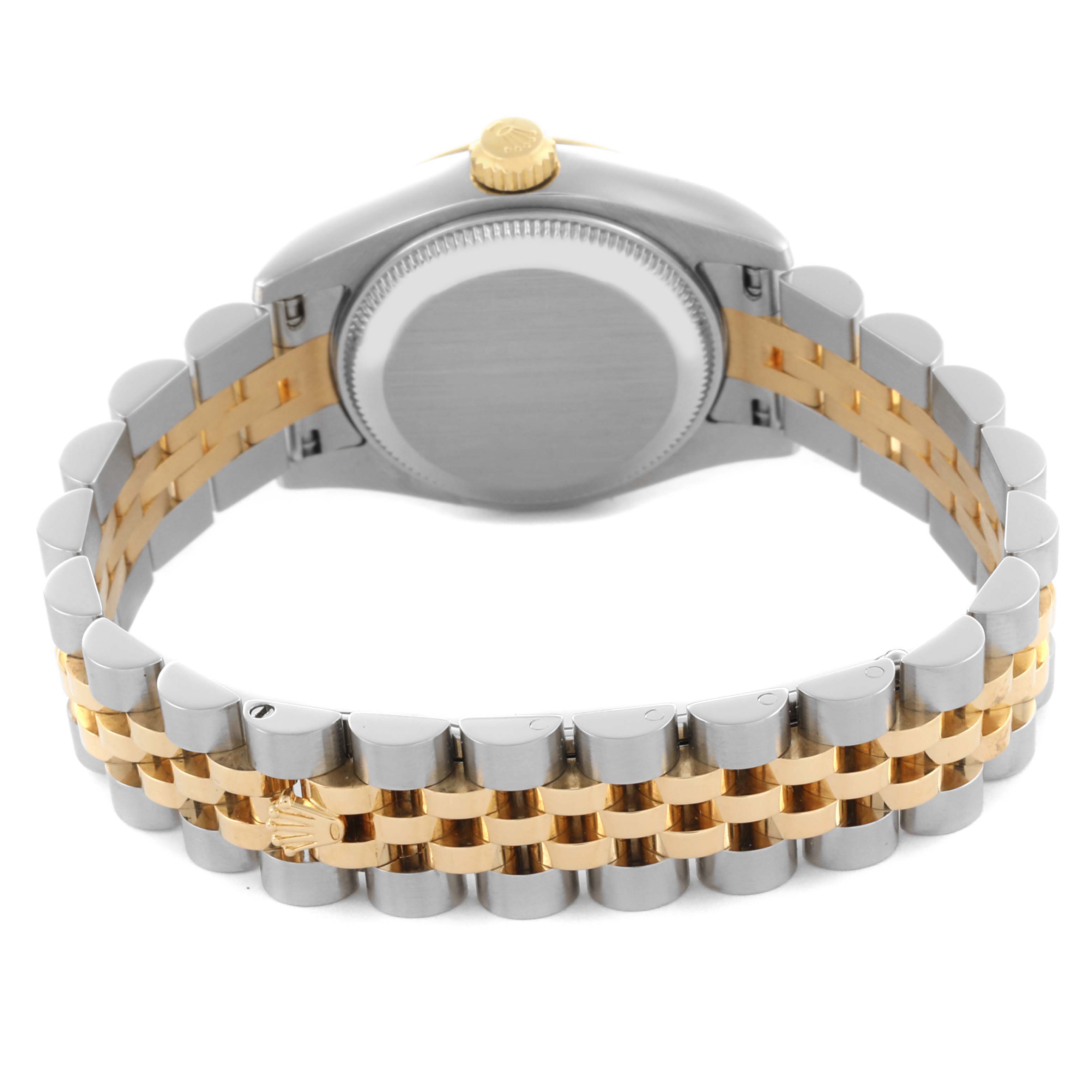 The image shows the back view of a Rolex Datejust 179173 Women's Steel and Gold (two tone) Mother of Pearl Dial 179173 Women's Steel and Gold (two tone) Mother of Pearl Dial watch, highlighting the case, crown, and two-tone bracelet.