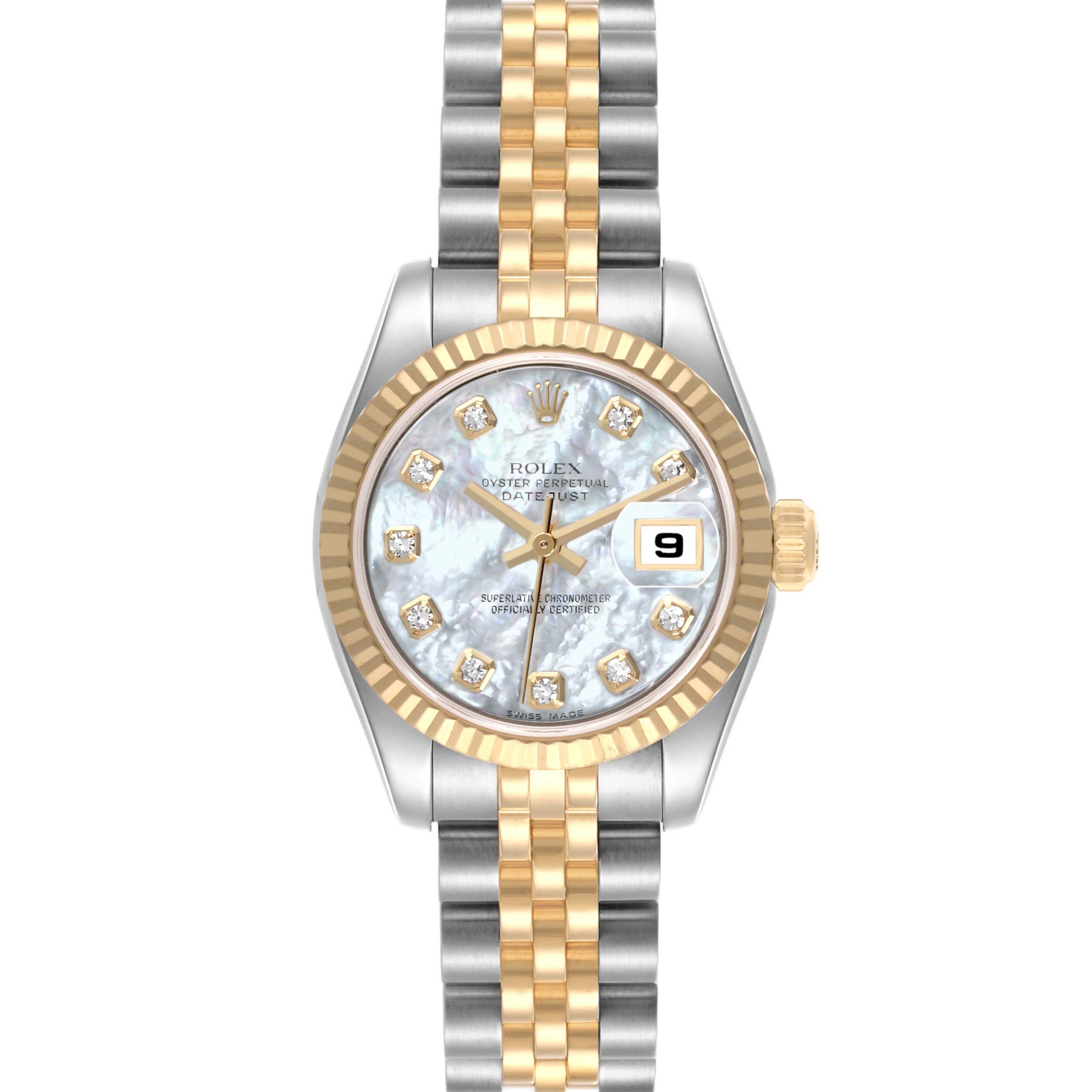 The Rolex Datejust 179173 Women's Steel and Gold (two tone) Mother of Pearl Dial 179173 Women's Steel and Gold (two tone) Mother of Pearl Dial watch is shown from a top-down angle, highlighting the dial, bezel, and bracelet.