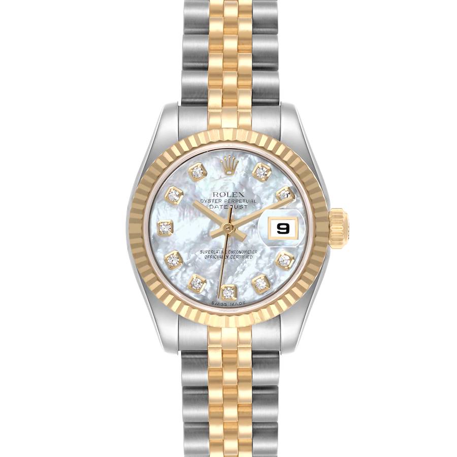 The Rolex Datejust watch is shown from a frontal angle, highlighting the dial, bezel, and two-tone bracelet.