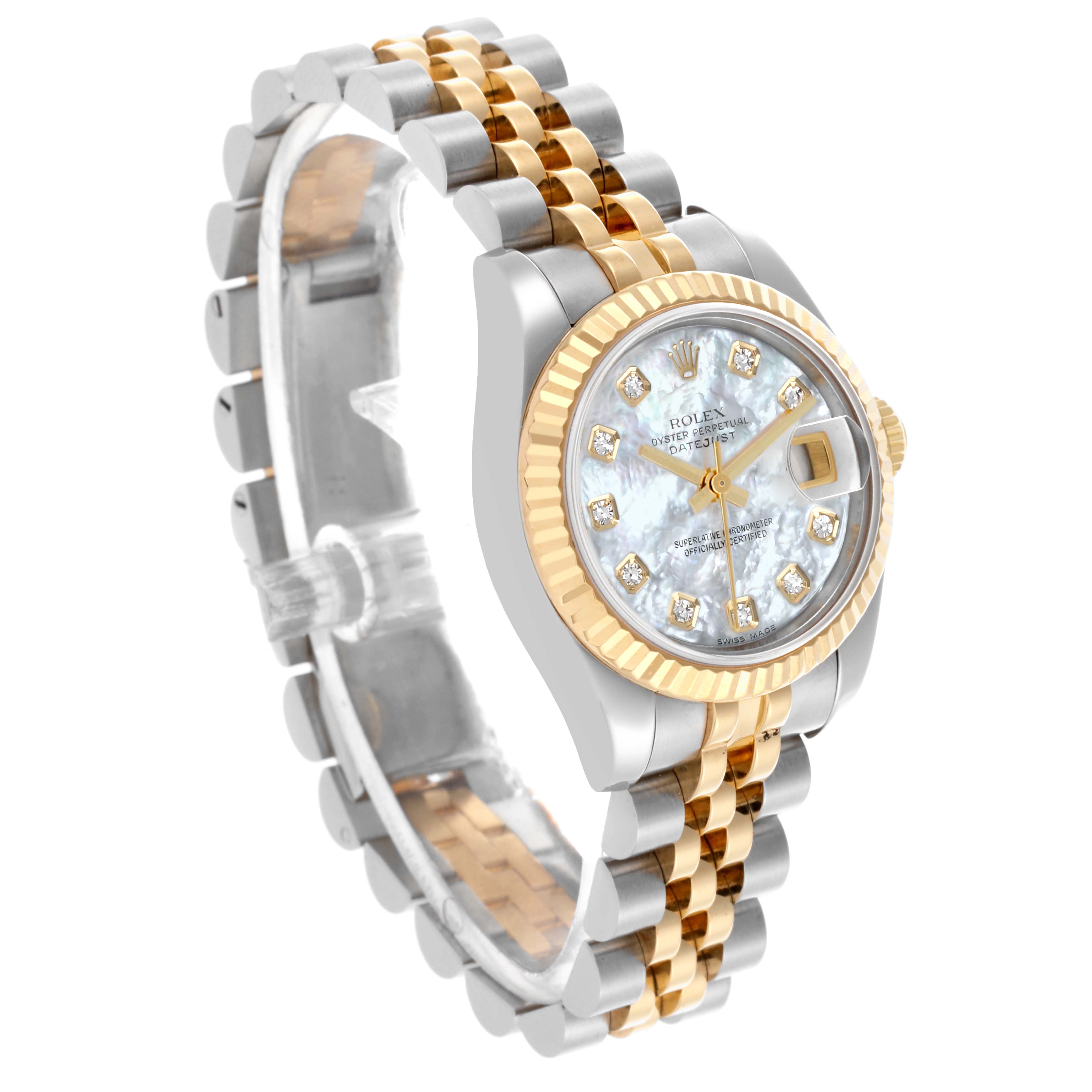 The Rolex Datejust 179173 Women's Steel and Gold (two tone) Mother of Pearl Dial 179173 Women's Steel and Gold (two tone) Mother of Pearl Dial watch is shown at a three-quarter angle, featuring the dial, case, and Jubilee bracelet.