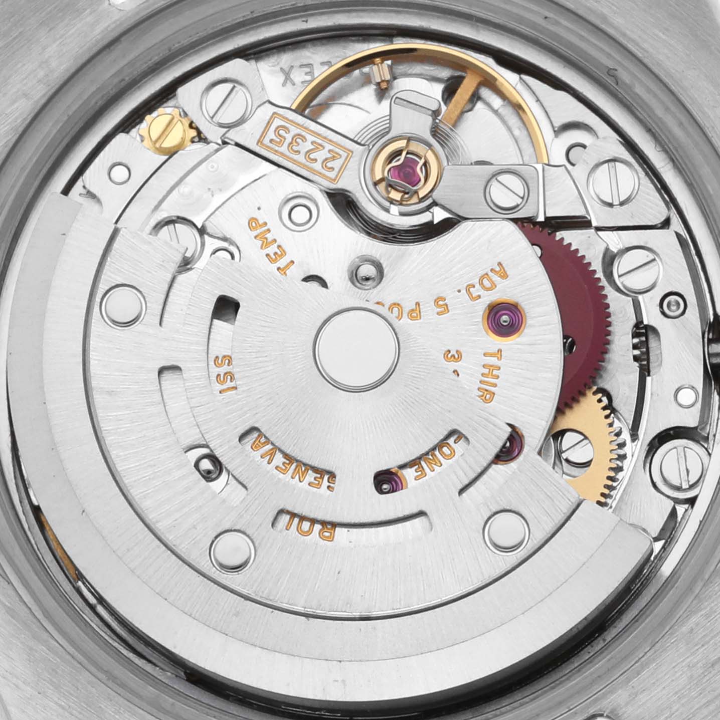 The image shows the internal mechanisms of a Rolex Datejust 179173 Women's Steel and Gold (two tone) Mother of Pearl Dial 179173 Women's Steel and Gold (two tone) Mother of Pearl Dial watch viewed from the back.