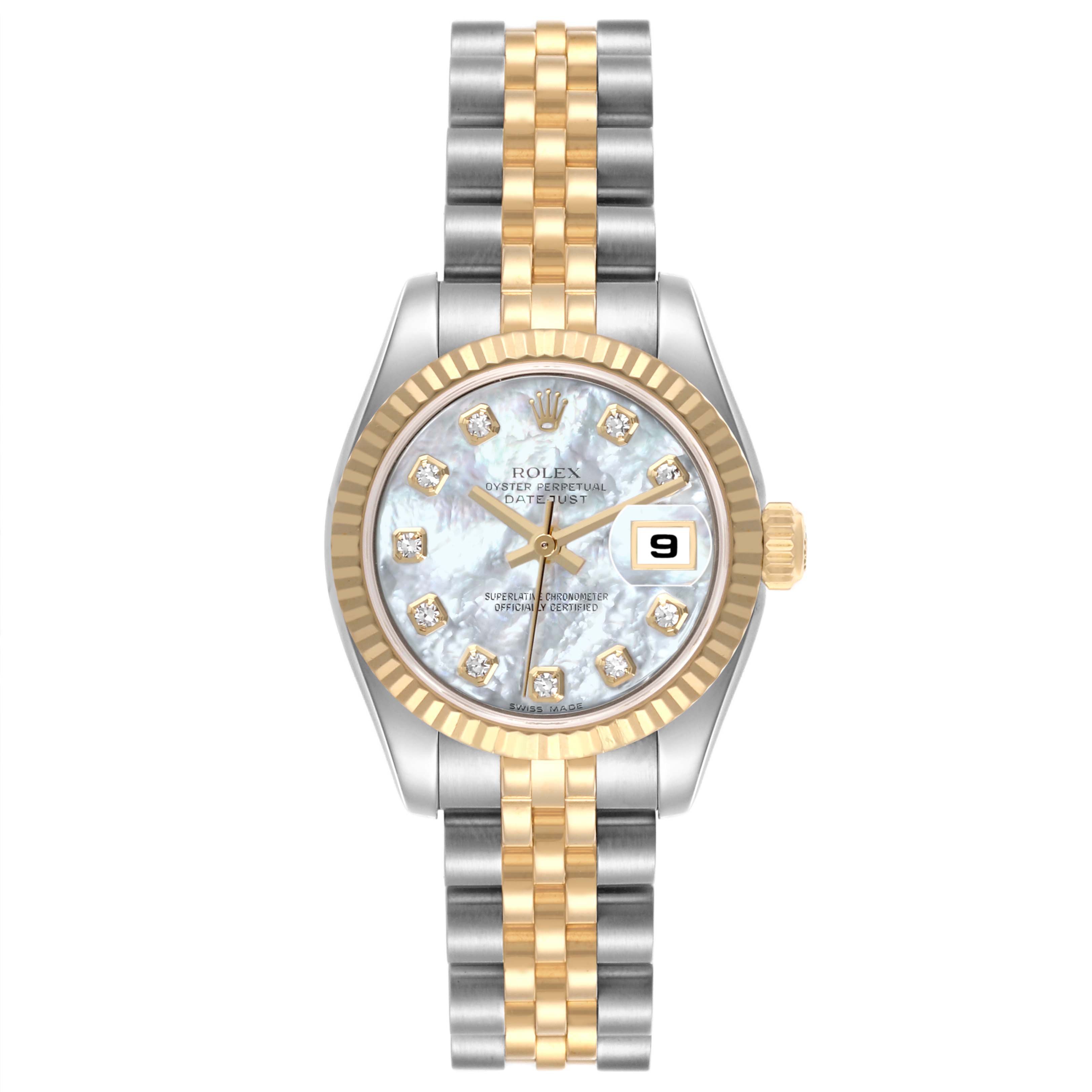 The Rolex Datejust 179173 Women's Steel and Gold (two tone) Mother of Pearl Dial 179173 Women's Steel and Gold (two tone) Mother of Pearl Dial watch is shown from the front, displaying its dial, bezel, bracelet, and date function.