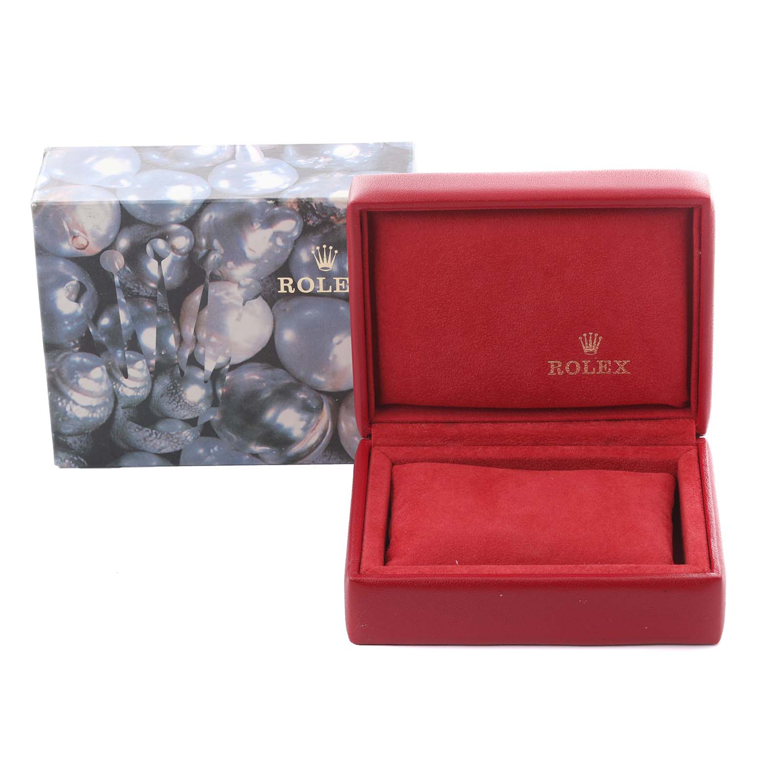 The image shows a red velvet Rolex Datejust 179173 Women's Steel and Gold (two tone) Mother of Pearl Dial 179173 Women's Steel and Gold (two tone) Mother of Pearl Dial watch box and an outer decorative box on a white background.