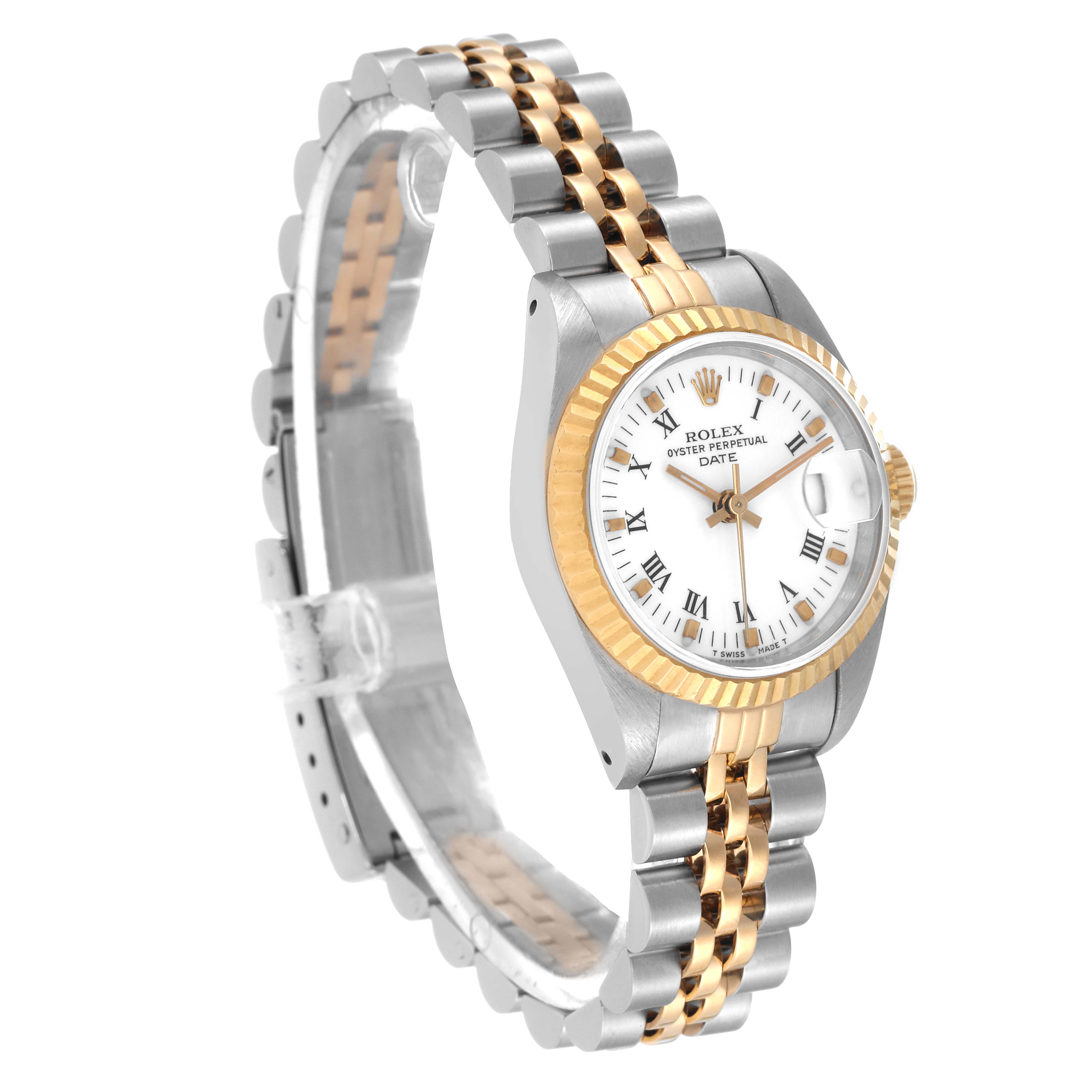 The image shows a Rolex Datejust 69173 Women's Steel and Gold (two tone) White Dial 69173 Women's Steel and Gold (two tone) White Dial watch from a three-quarter angle, highlighting its face, bezel, and bracelet.