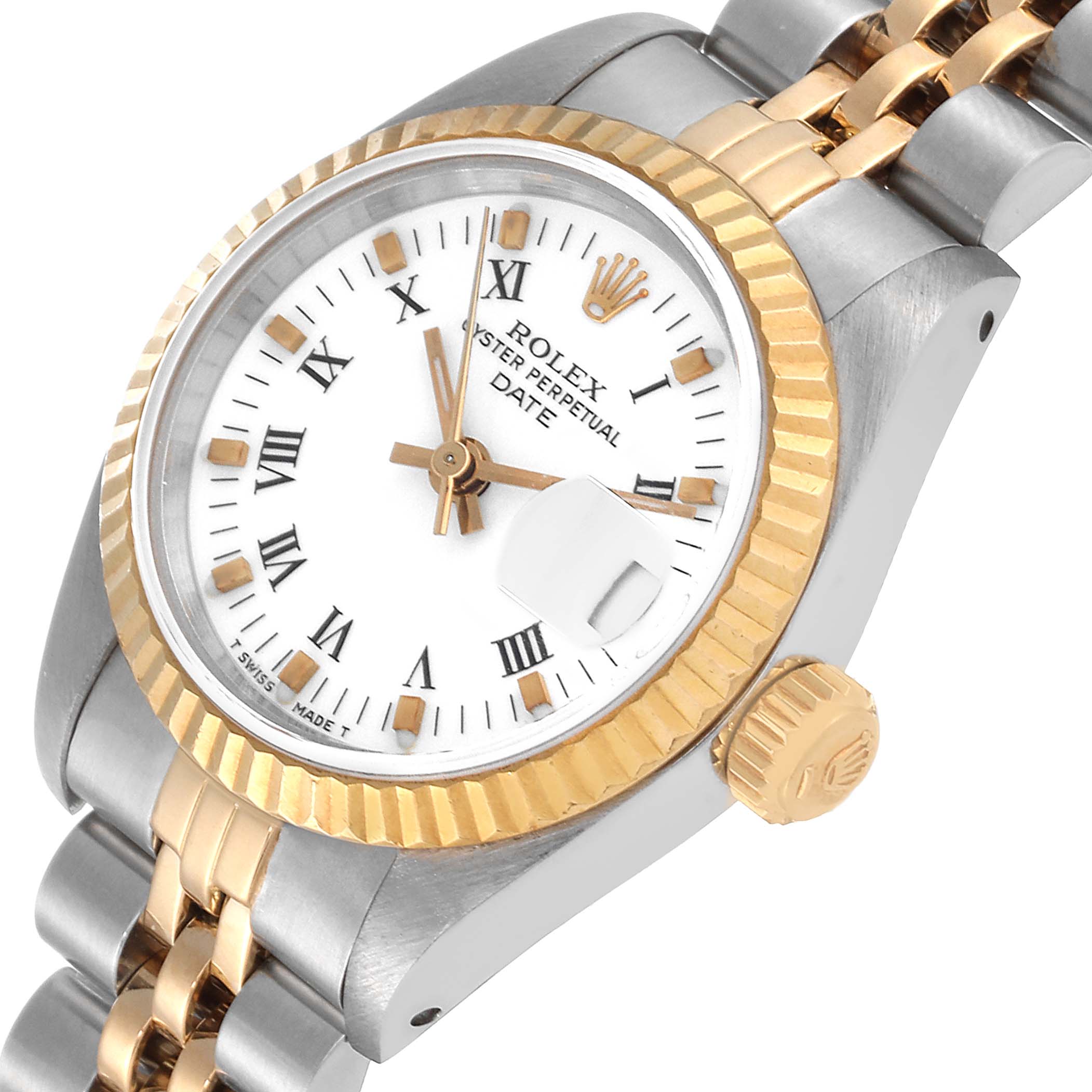 This image shows a Rolex Datejust 69173 Women's Steel and Gold (two tone) White Dial 69173 Women's Steel and Gold (two tone) White Dial watch from a top-side angle, highlighting the dial, bezel, and part of the bracelet.