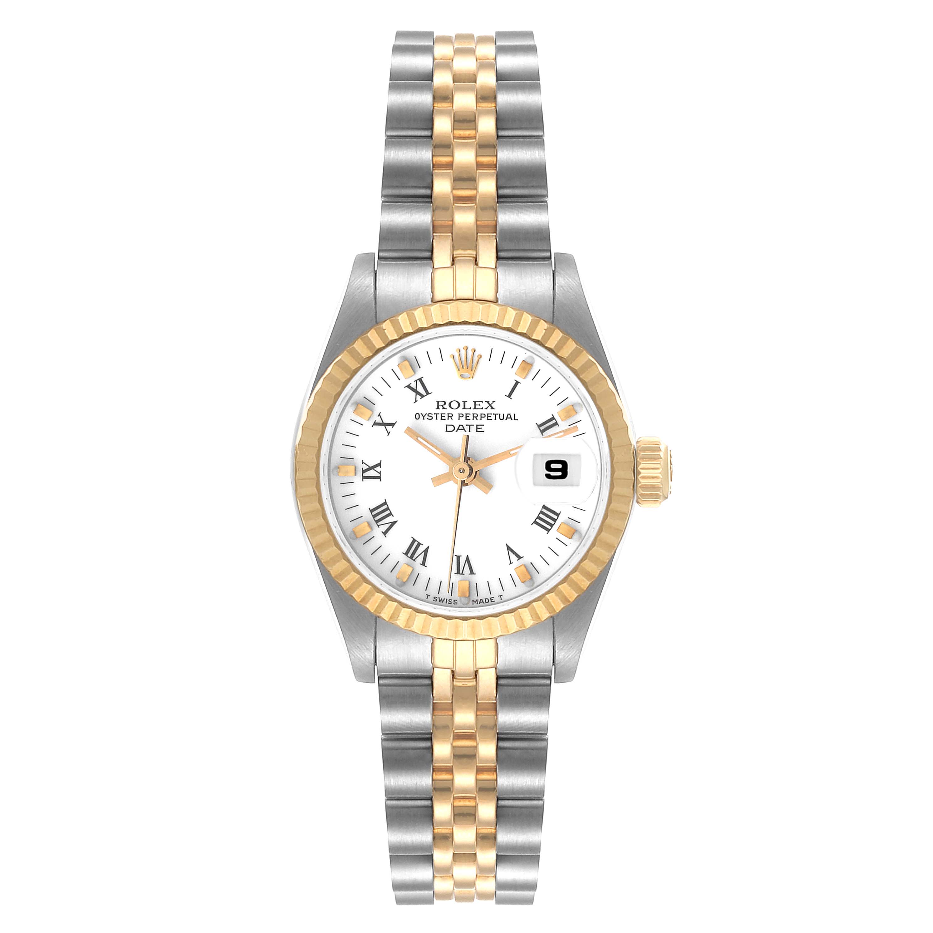 The Rolex Datejust 69173 Women's Steel and Gold (two tone) White Dial 69173 Women's Steel and Gold (two tone) White Dial watch is shown from a front angle, displaying its face, bezel, crown, and two-tone bracelet.