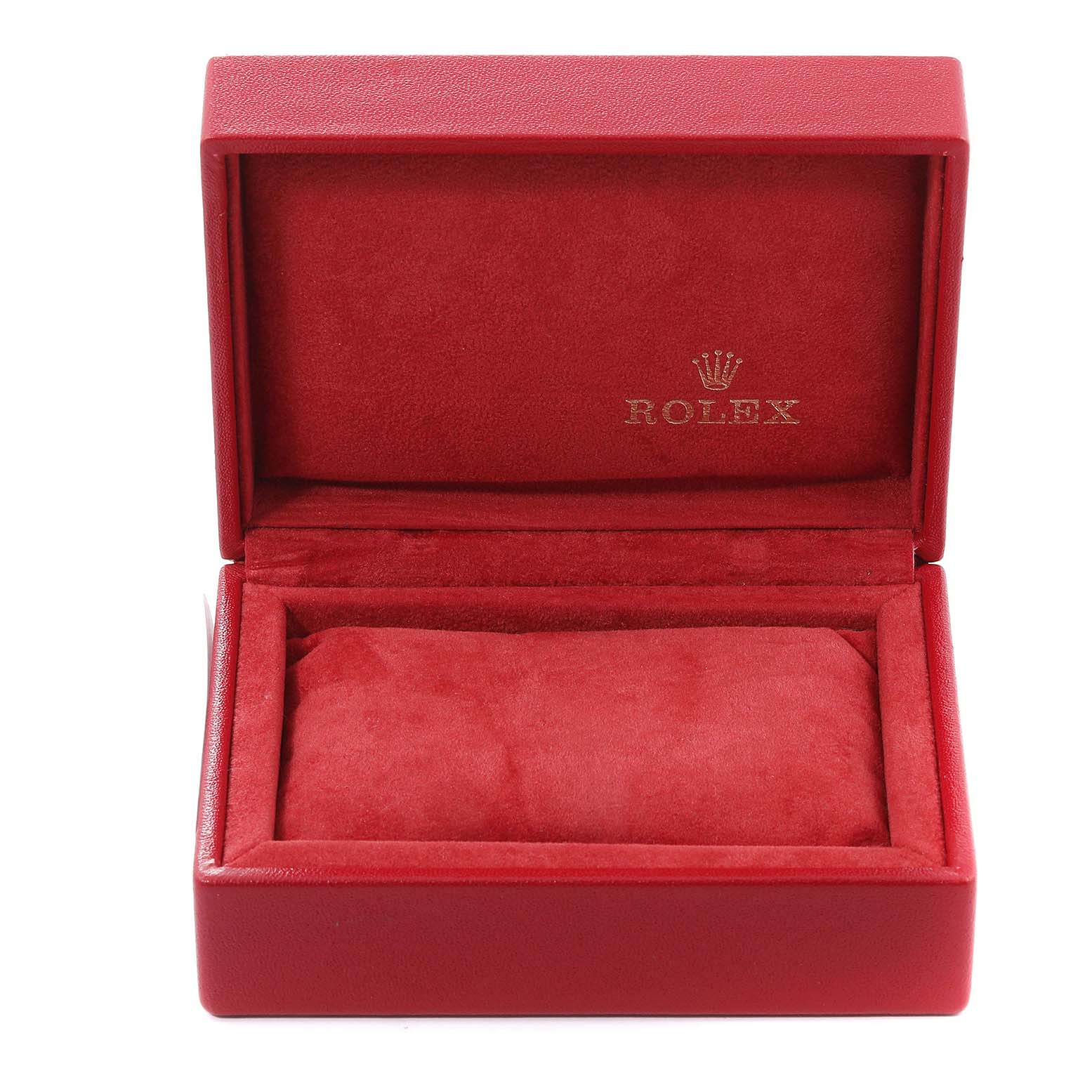 This image shows an open red Rolex watch box for a Datejust model with a padded interior.