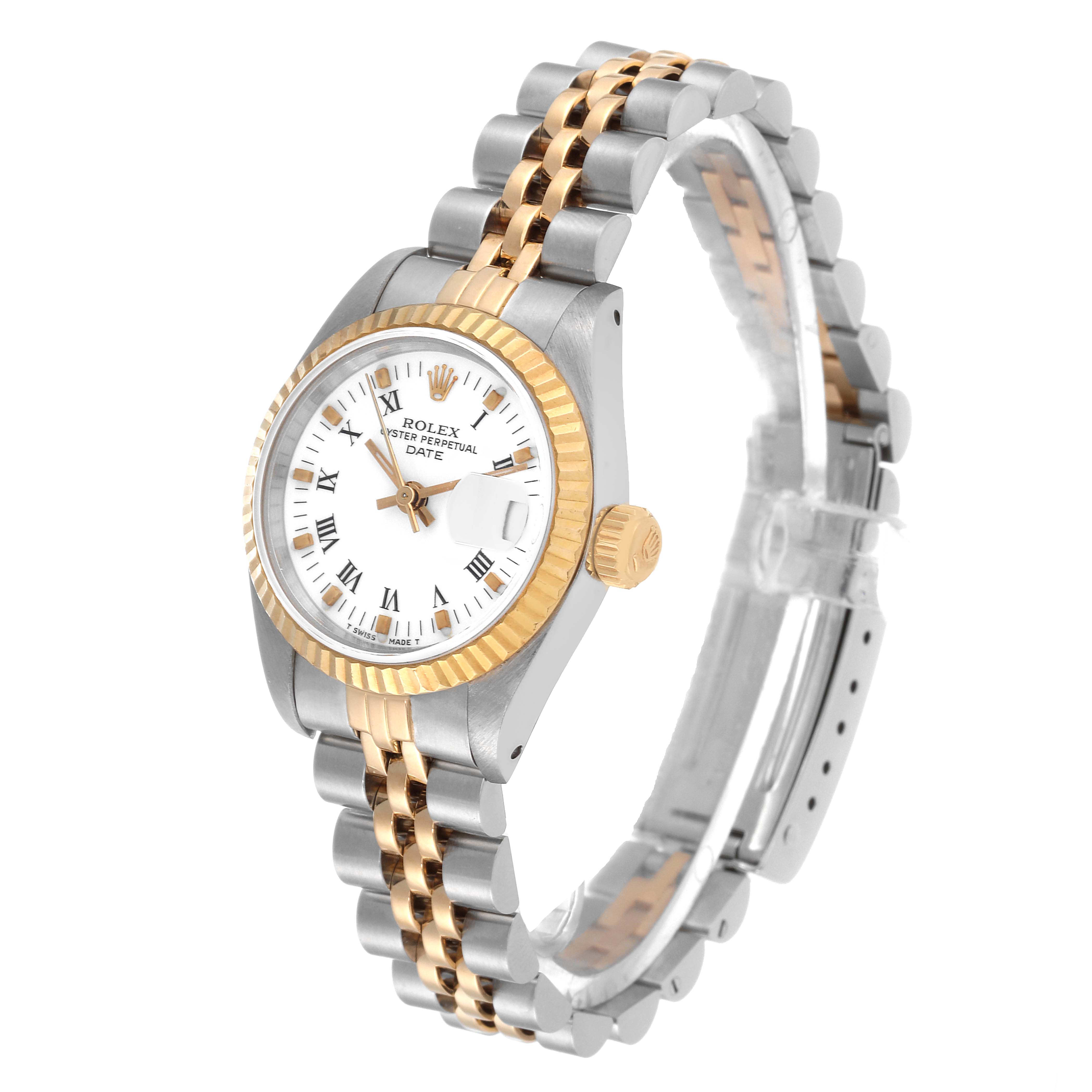 The Rolex Datejust 69173 Women's Steel and Gold (two tone) White Dial 69173 Women's Steel and Gold (two tone) White Dial watch is shown at a three-quarter angle, highlighting the face, bezel, crown, and two-tone jubilee bracelet.