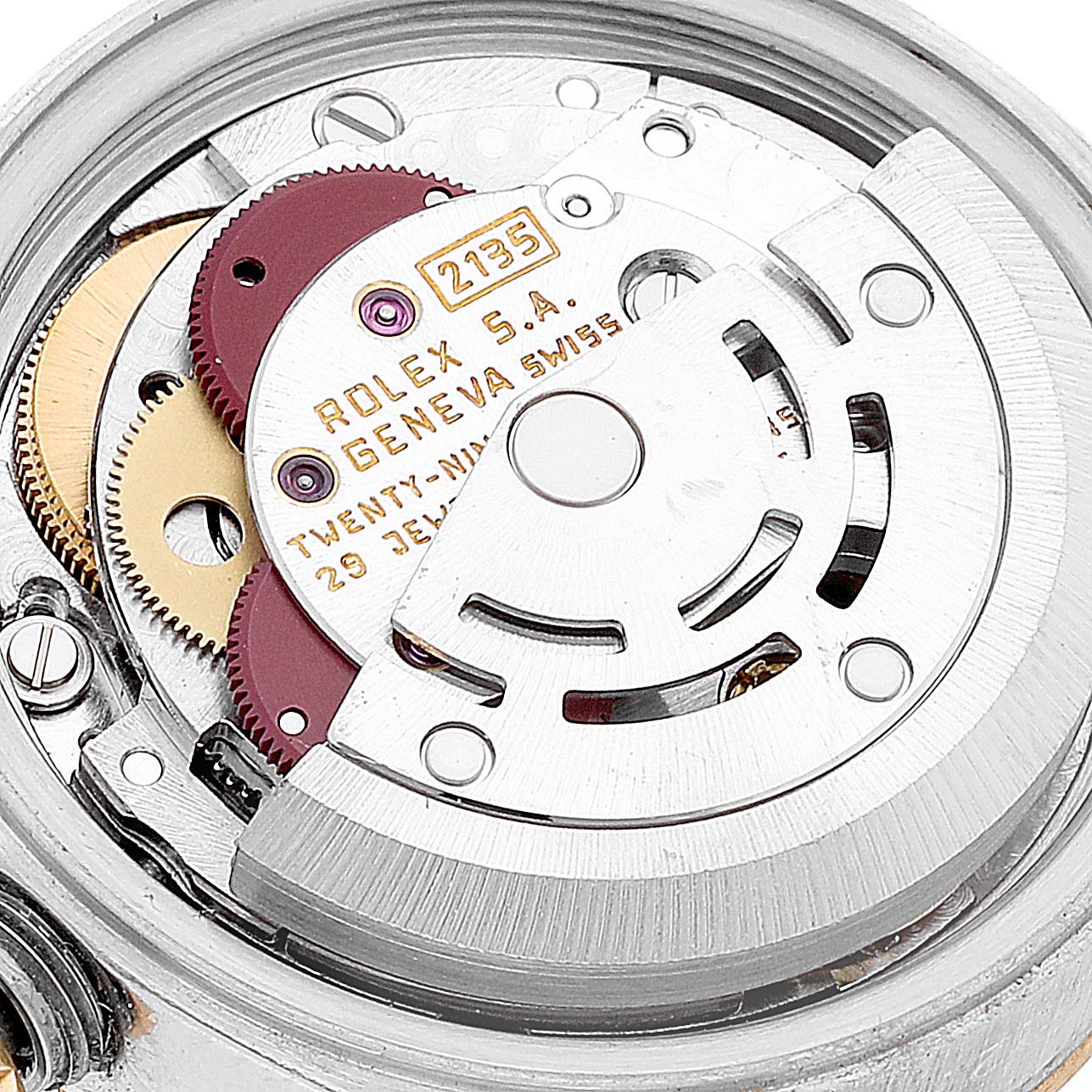 This image shows the internal mechanical movement of a Rolex Datejust 69173 Women's Steel and Gold (two tone) White Dial 69173 Women's Steel and Gold (two tone) White Dial watch at an angled close-up view.