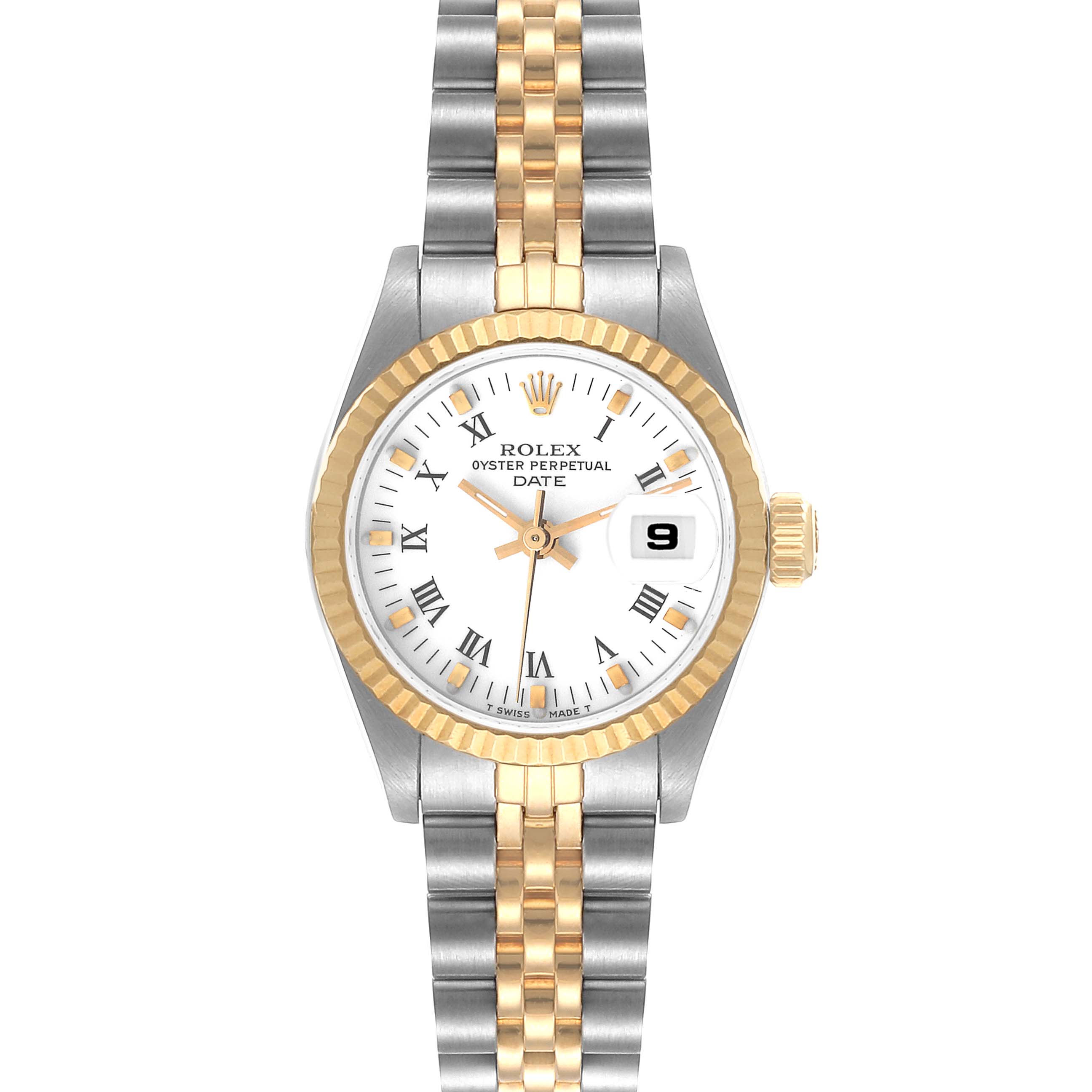 This image shows a front view of a Rolex Datejust 69173 Women's Steel and Gold (two tone) White Dial 69173 Women's Steel and Gold (two tone) White Dial watch, displaying the dial, hands, date window, bezel, and bracelet.