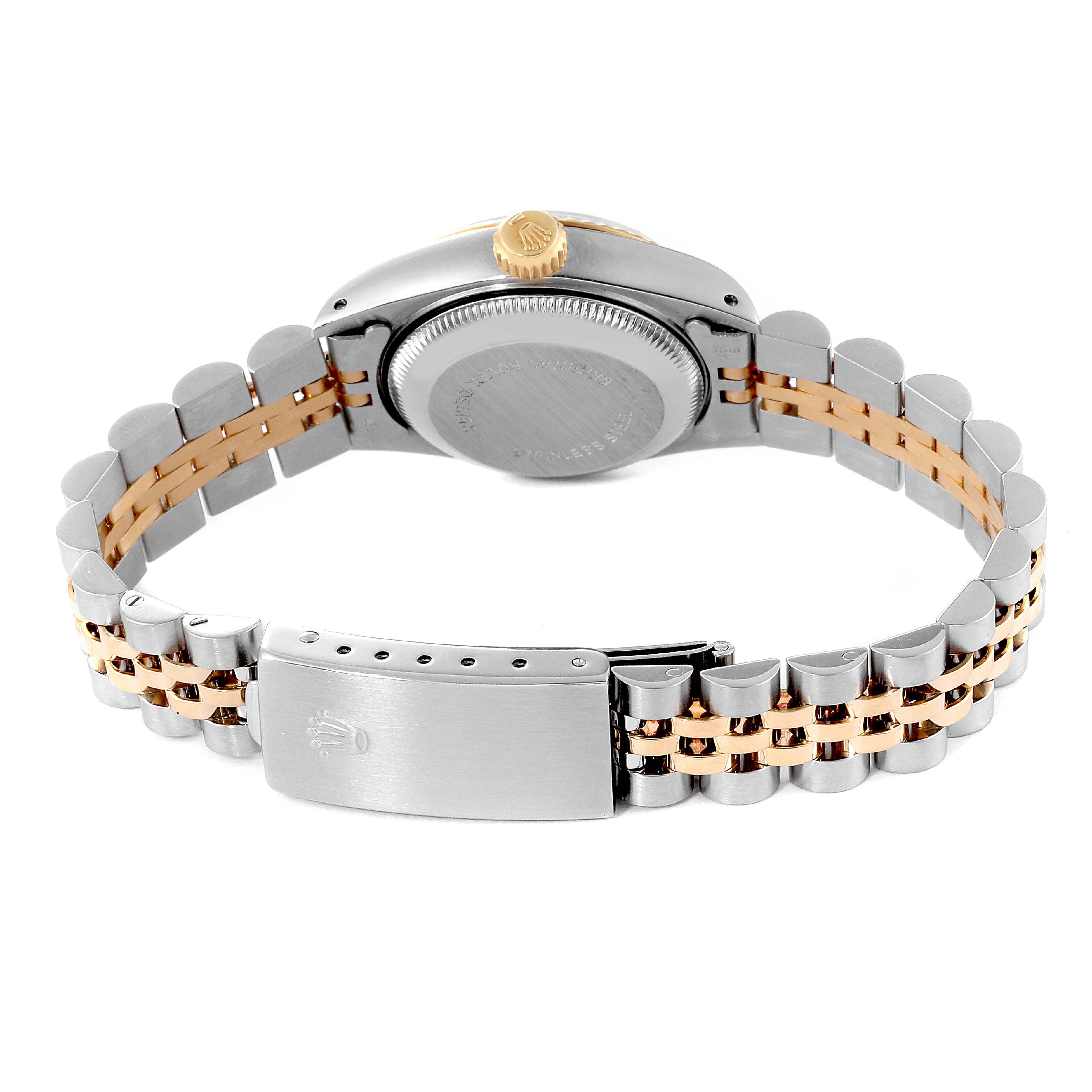 This image shows the back of a Rolex Datejust 69173 Women's Steel and Gold (two tone) White Dial 69173 Women's Steel and Gold (two tone) White Dial watch, highlighting the case back, crown, and two-tone bracelet with a clasp.