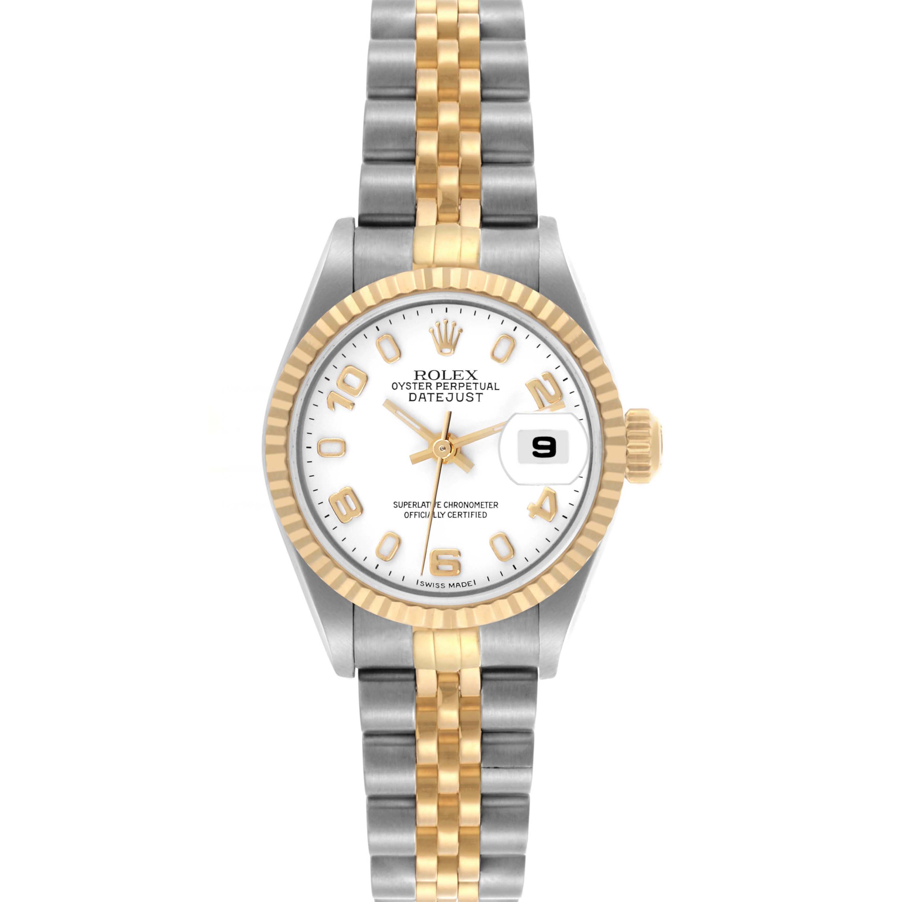 The Rolex Datejust 79173 Women's Steel and Gold (two tone) White Dial 79173 Women's Steel and Gold (two tone) White Dial watch is shown from a top view, highlighting the bezel, dial, hands, bracelet, and date feature.