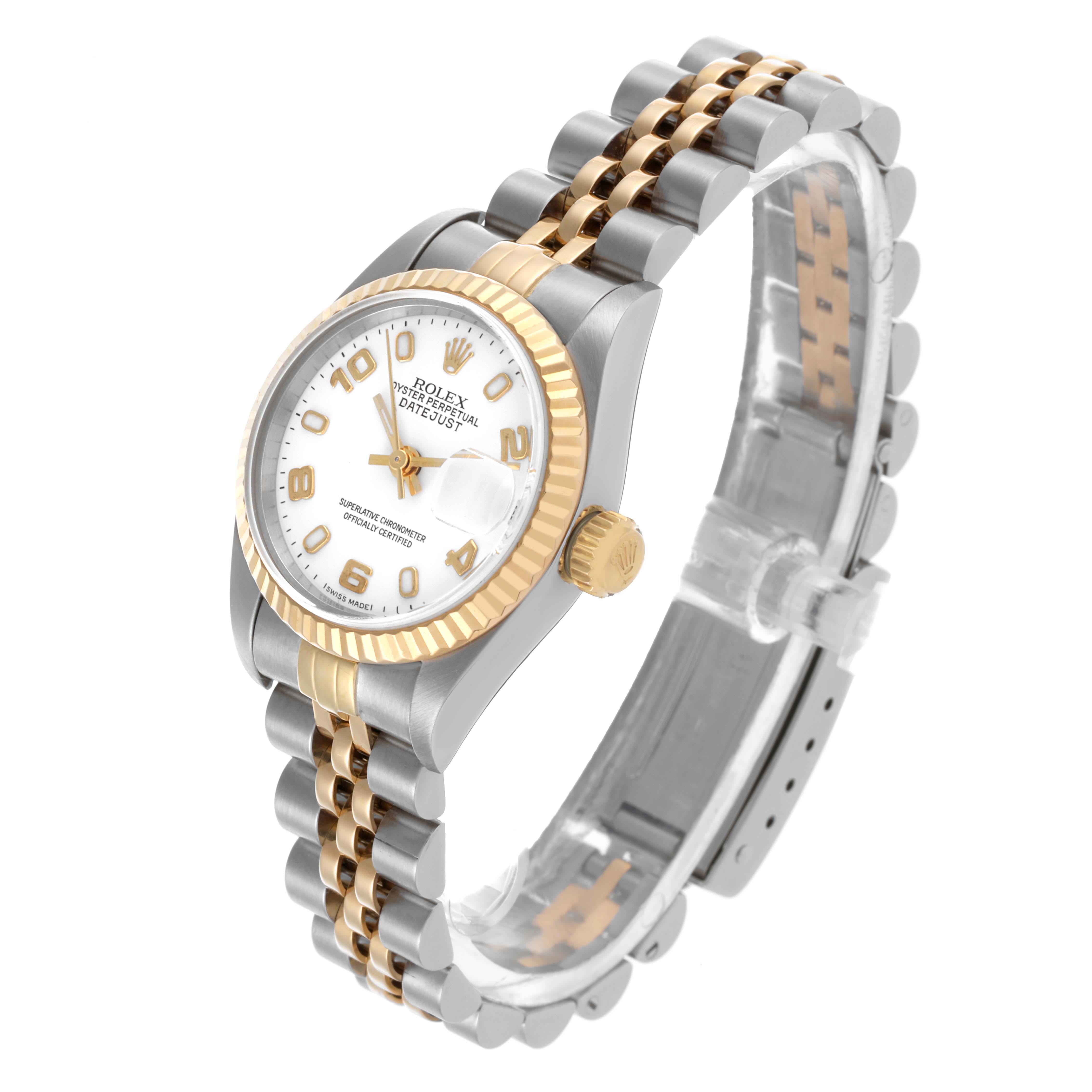 The Rolex Datejust 79173 Women's Steel and Gold (two tone) White Dial 79173 Women's Steel and Gold (two tone) White Dial watch is shown at an oblique angle, highlighting the two-tone case, fluted bezel, and jubilee bracelet.