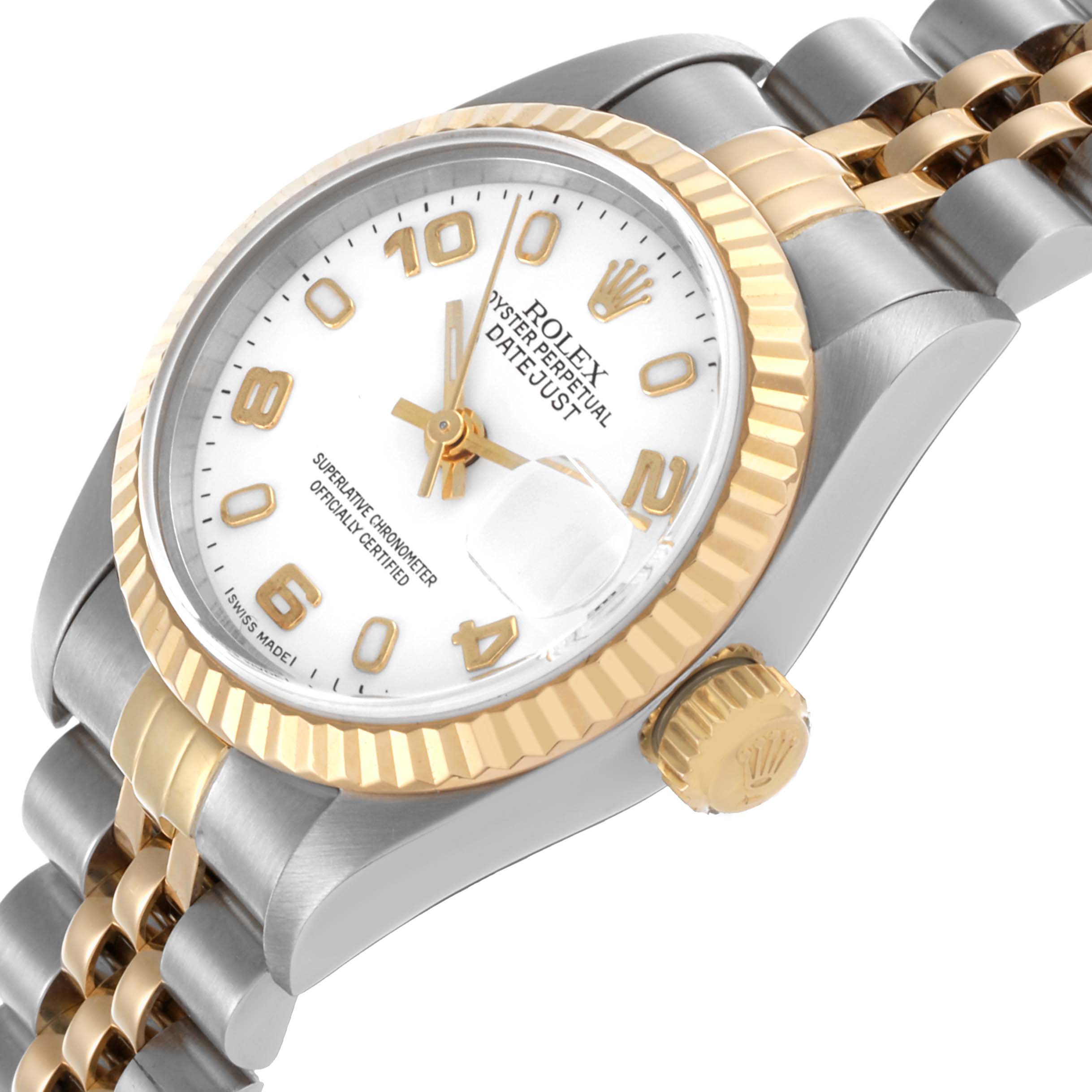 The Rolex Datejust 79173 Women's Steel and Gold (two tone) White Dial 79173 Women's Steel and Gold (two tone) White Dial watch is shown from an angled side view, highlighting the face, bezel, crown, and bracelet.