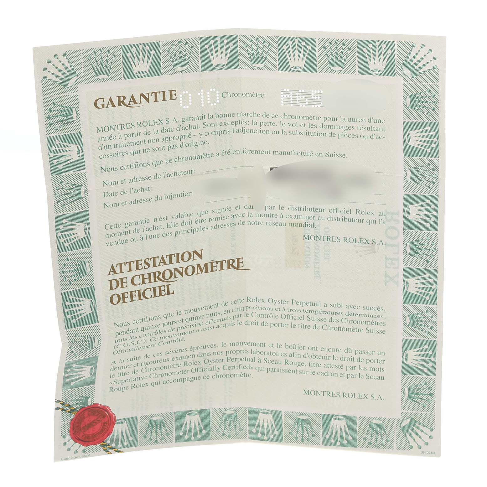 The image shows a warranty document for a Rolex Datejust 79173 Women's Steel and Gold (two tone) White Dial 79173 Women's Steel and Gold (two tone) White Dial, featuring text and a decorative border with the Rolex crown logo.