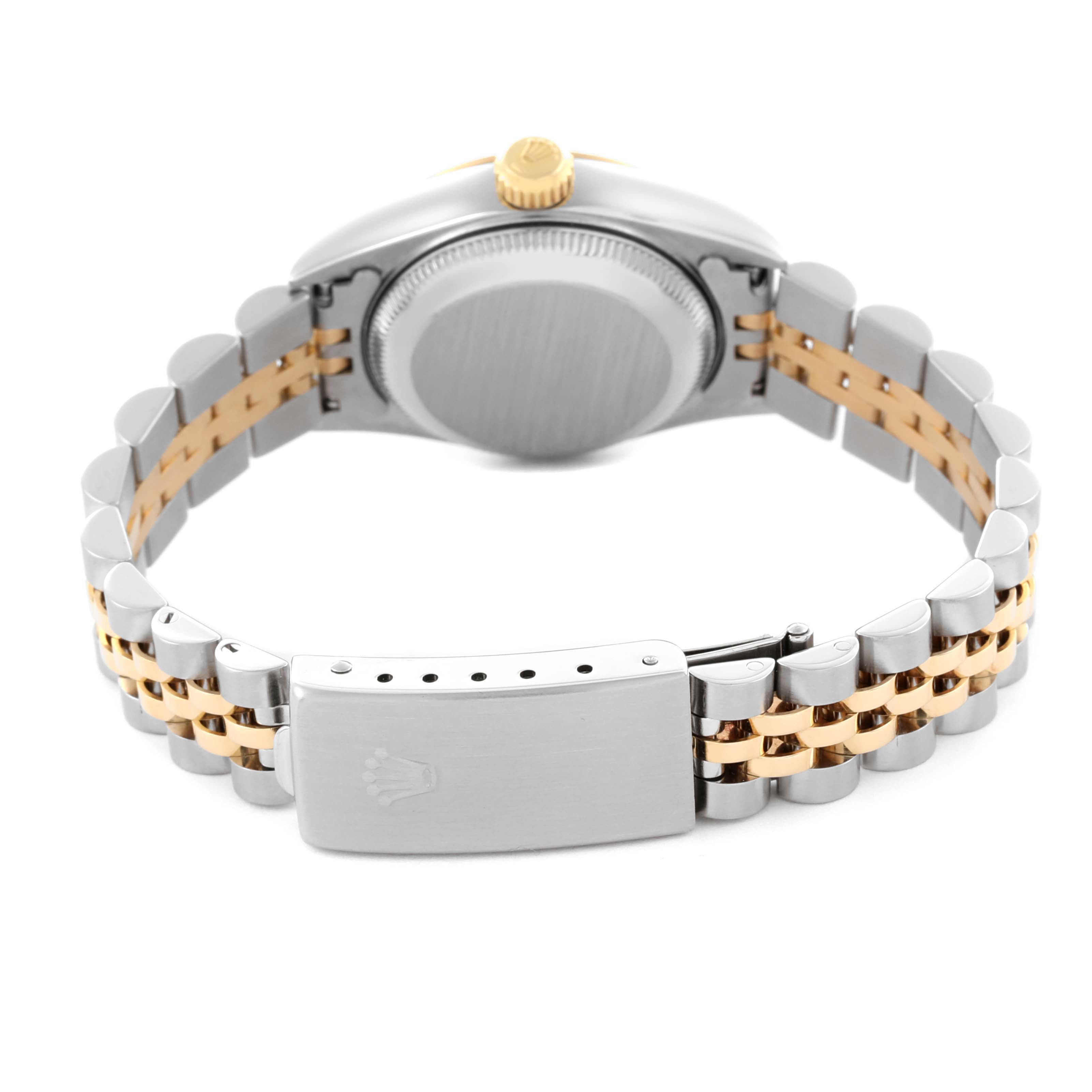 The Rolex Datejust 79173 Women's Steel and Gold (two tone) White Dial 79173 Women's Steel and Gold (two tone) White Dial watch is shown from the back, highlighting the two-tone bracelet and the clasp.