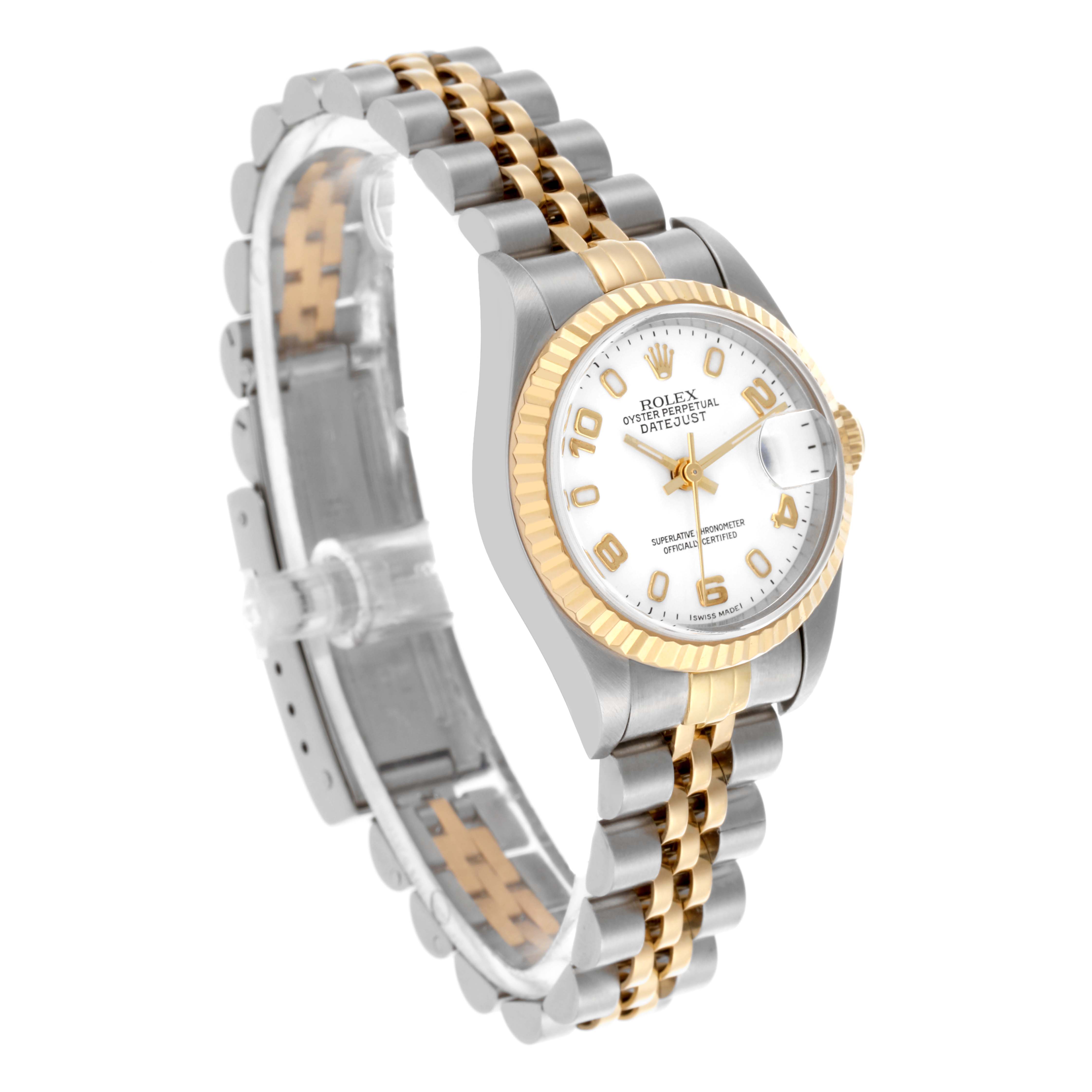 The Rolex Datejust 79173 Women's Steel and Gold (two tone) White Dial 79173 Women's Steel and Gold (two tone) White Dial watch is shown at a three-quarter angle, displaying the dial, bezel, and jubilee bracelet.