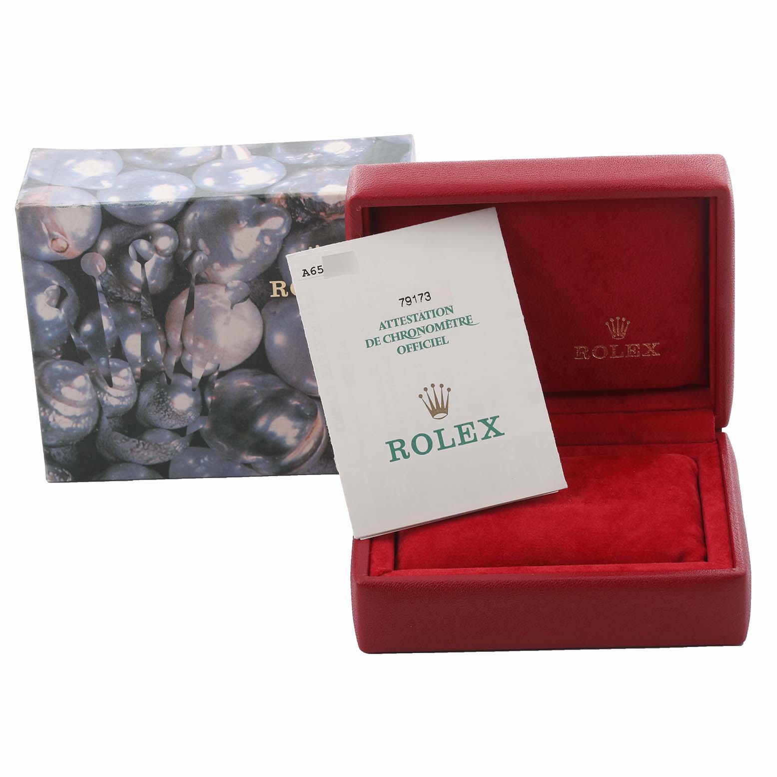 The image shows a Rolex Datejust 79173 Women's Steel and Gold (two tone) White Dial 79173 Women's Steel and Gold (two tone) White Dial box, certificate, and outer packaging, viewed from the front angle.