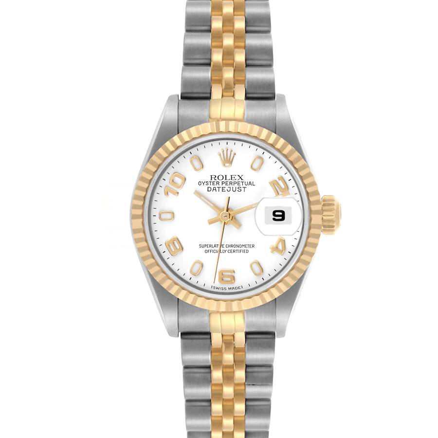 The Rolex Datejust watch is shown from the front, displaying the dial, bezel, and jubilee bracelet.