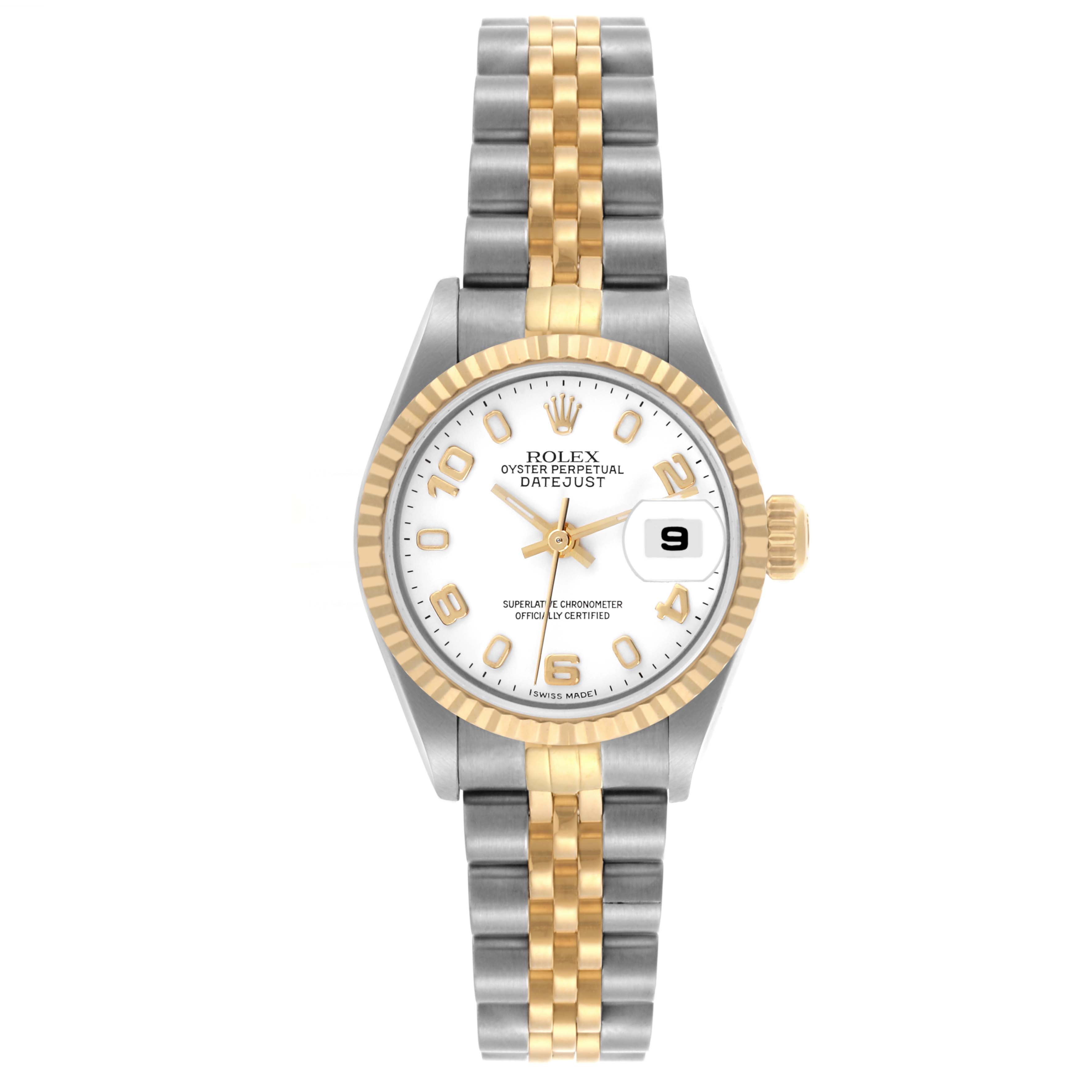 The Rolex Datejust 79173 Women's Steel and Gold (two tone) White Dial 79173 Women's Steel and Gold (two tone) White Dial watch is shown from a top-down angle, displaying the dial, bezel, crown, and two-tone bracelet.