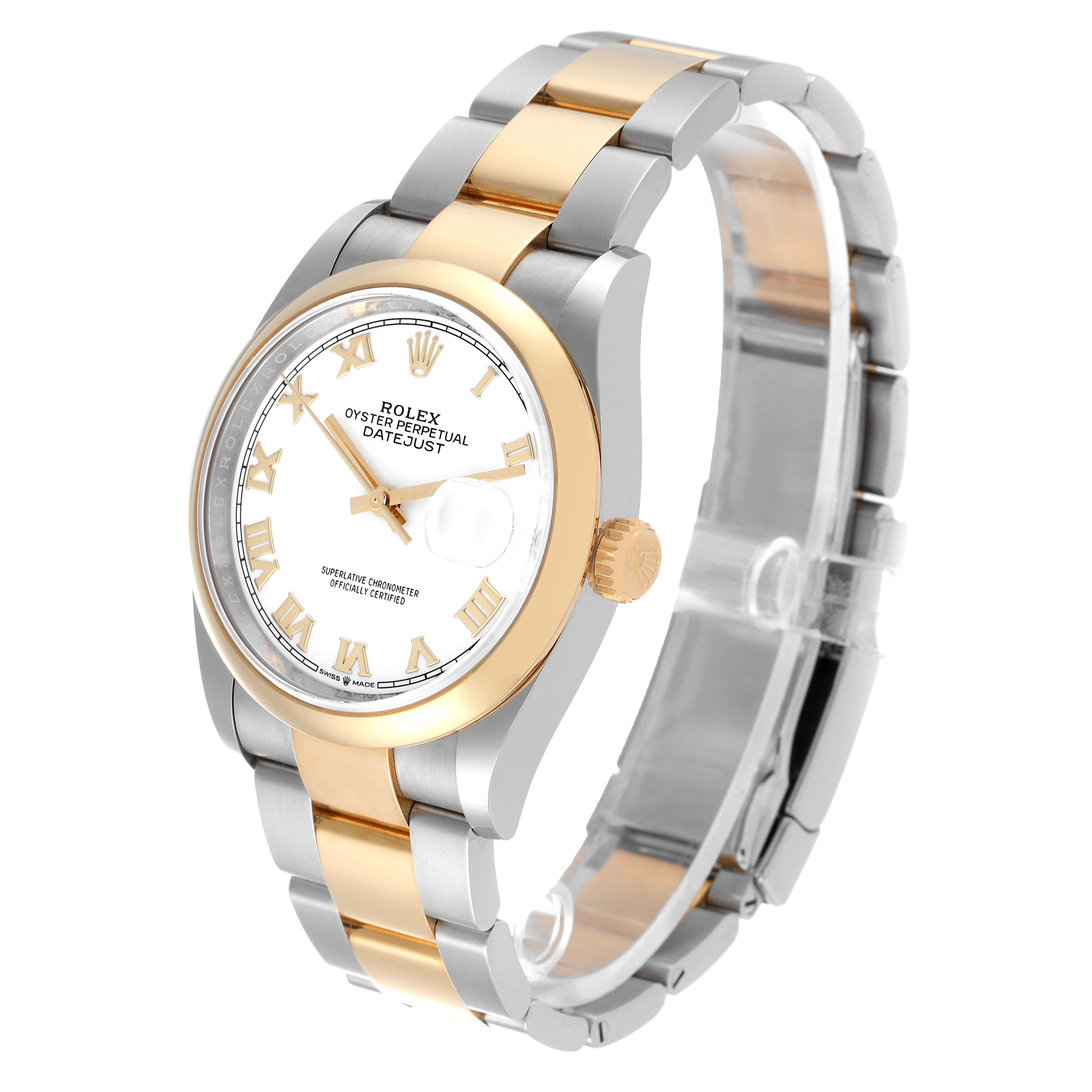 The Rolex Datejust 126203 Men's Steel and Gold (two tone) White Dial 126203 Men's Steel and Gold (two tone) White Dial watch is shown from an angled side view, displaying the face, bezel, crown, and bracelet.