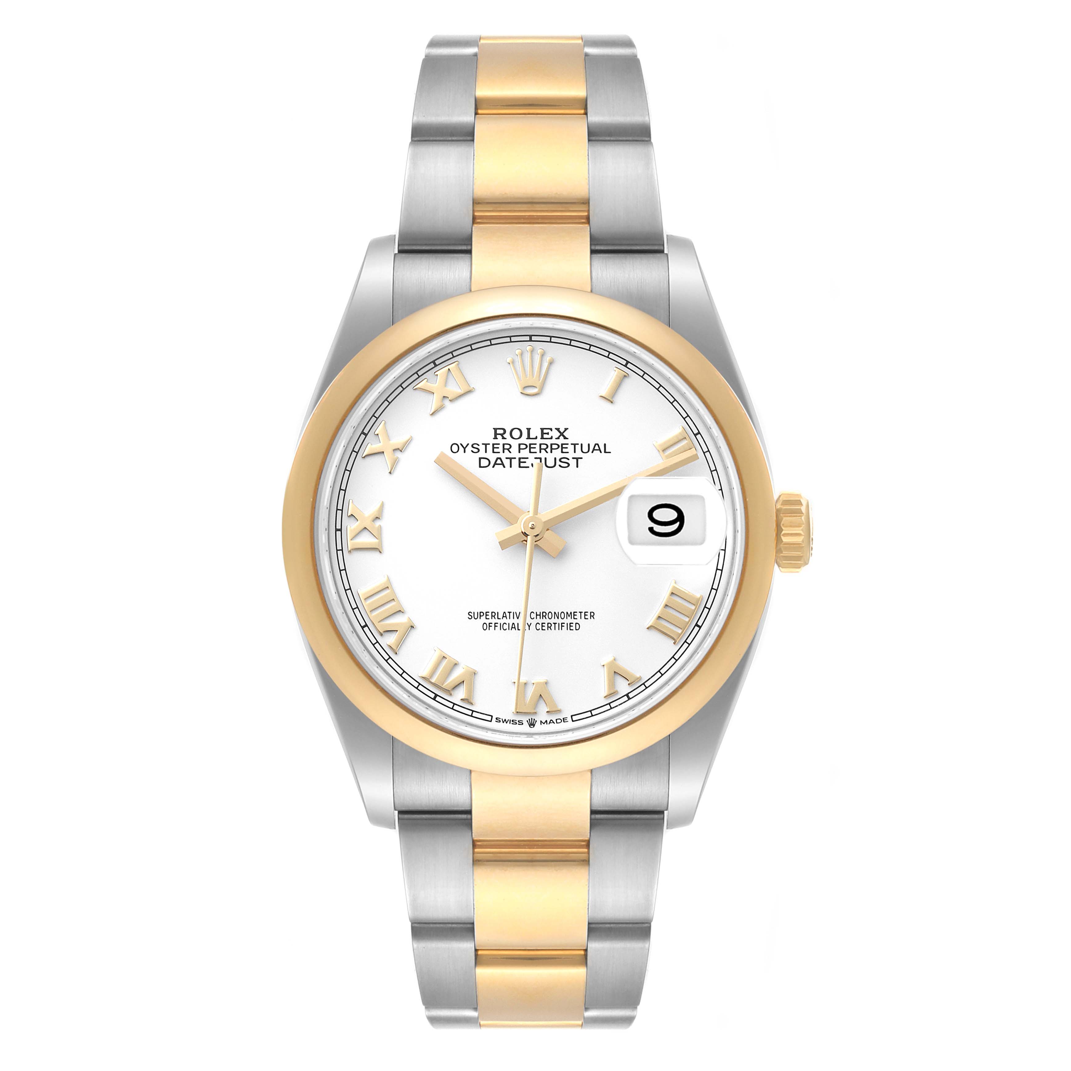 The image shows a front view of a Rolex Datejust 126203 Men's Steel and Gold (two tone) White Dial 126203 Men's Steel and Gold (two tone) White Dial watch, displaying the dial, hands, bracelet, and date window.