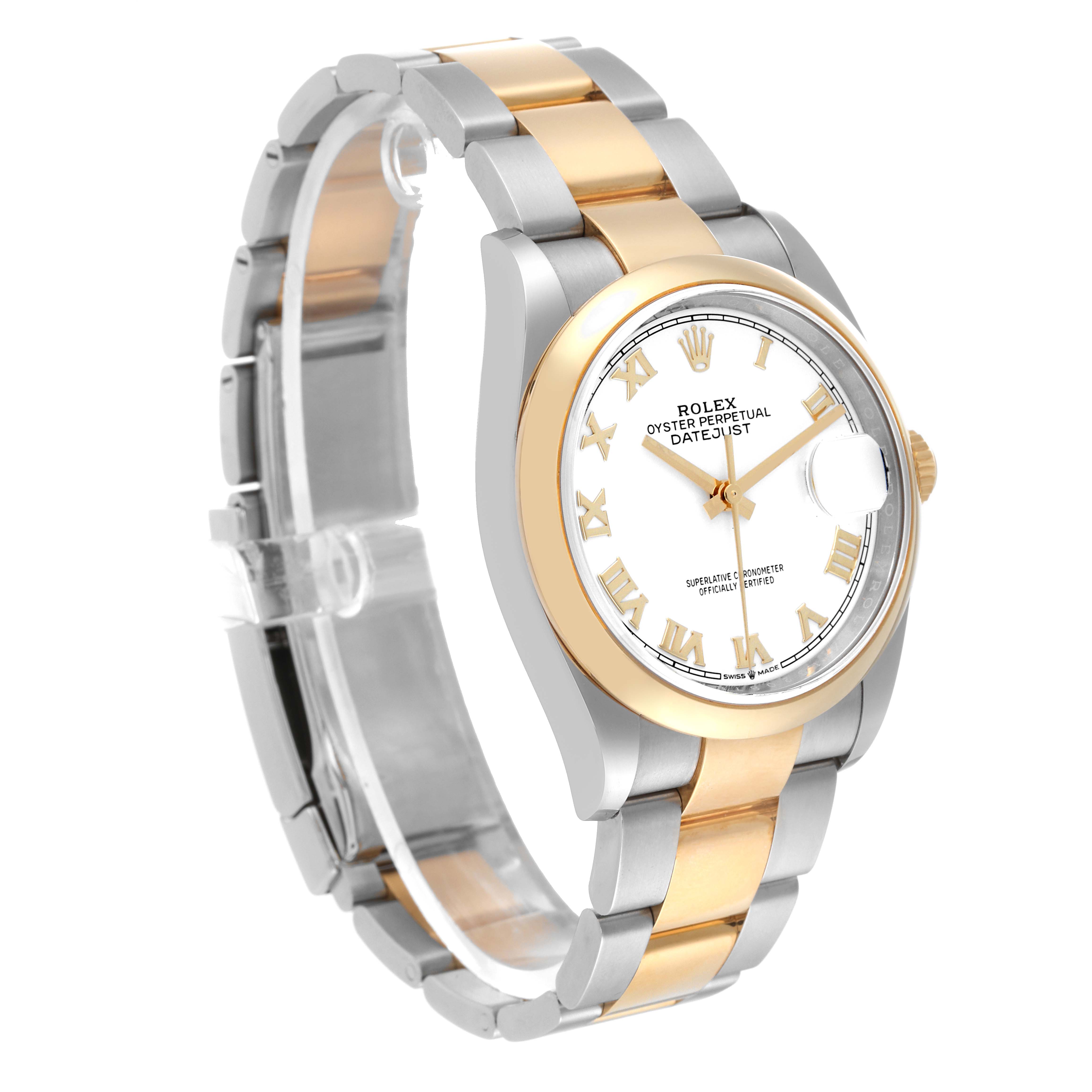The image shows a side view of a Rolex Datejust 126203 Men's Steel and Gold (two tone) White Dial 126203 Men's Steel and Gold (two tone) White Dial watch, highlighting its two-tone bracelet and white dial with Roman numerals.