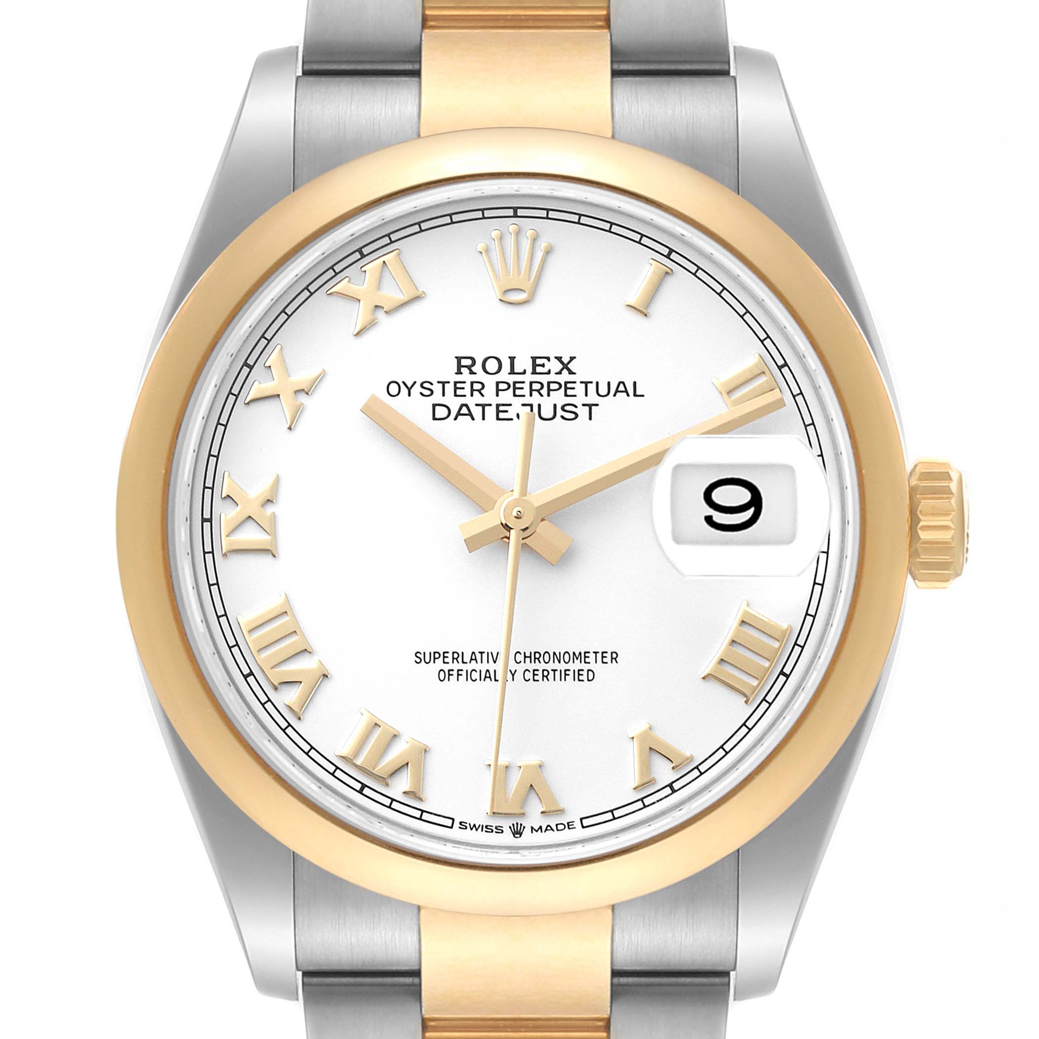 This image shows a front view of a Rolex Datejust 126203 Men's Steel and Gold (two tone) White Dial 126203 Men's Steel and Gold (two tone) White Dial watch, highlighting the dial, bezel, hands, date window, and part of the bracelet.