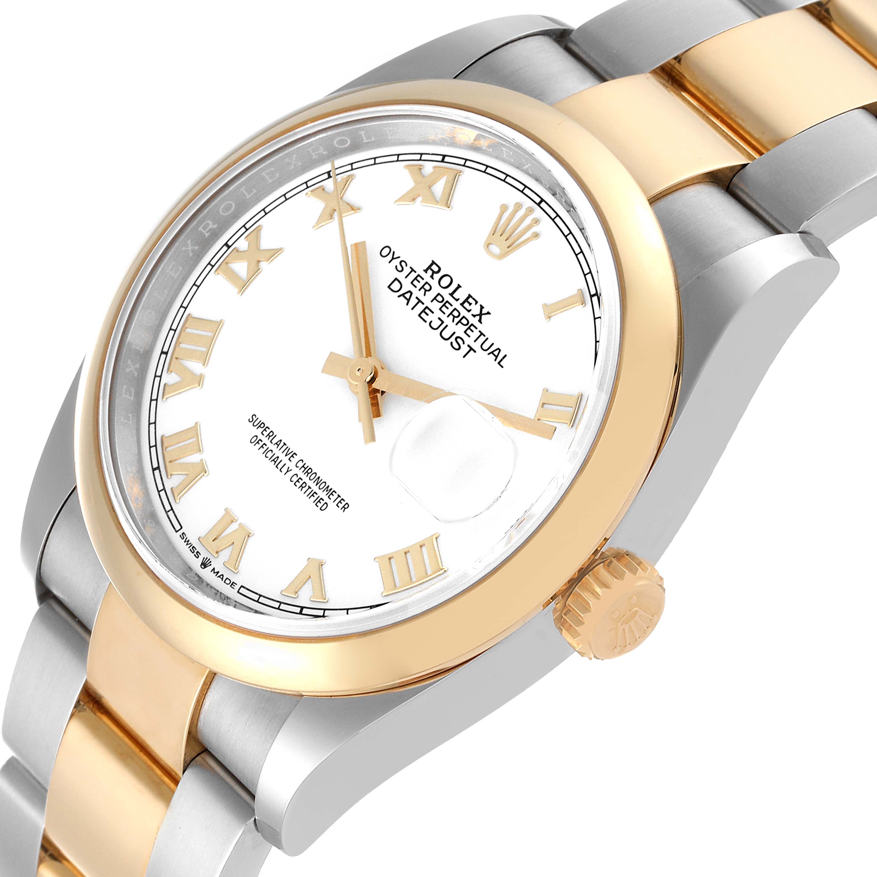 This Rolex Datejust 126203 Men's Steel and Gold (two tone) White Dial 126203 Men's Steel and Gold (two tone) White Dial watch is shown at an oblique angle, highlighting the two-tone bracelet, crown, and dial with Roman numerals and date function.