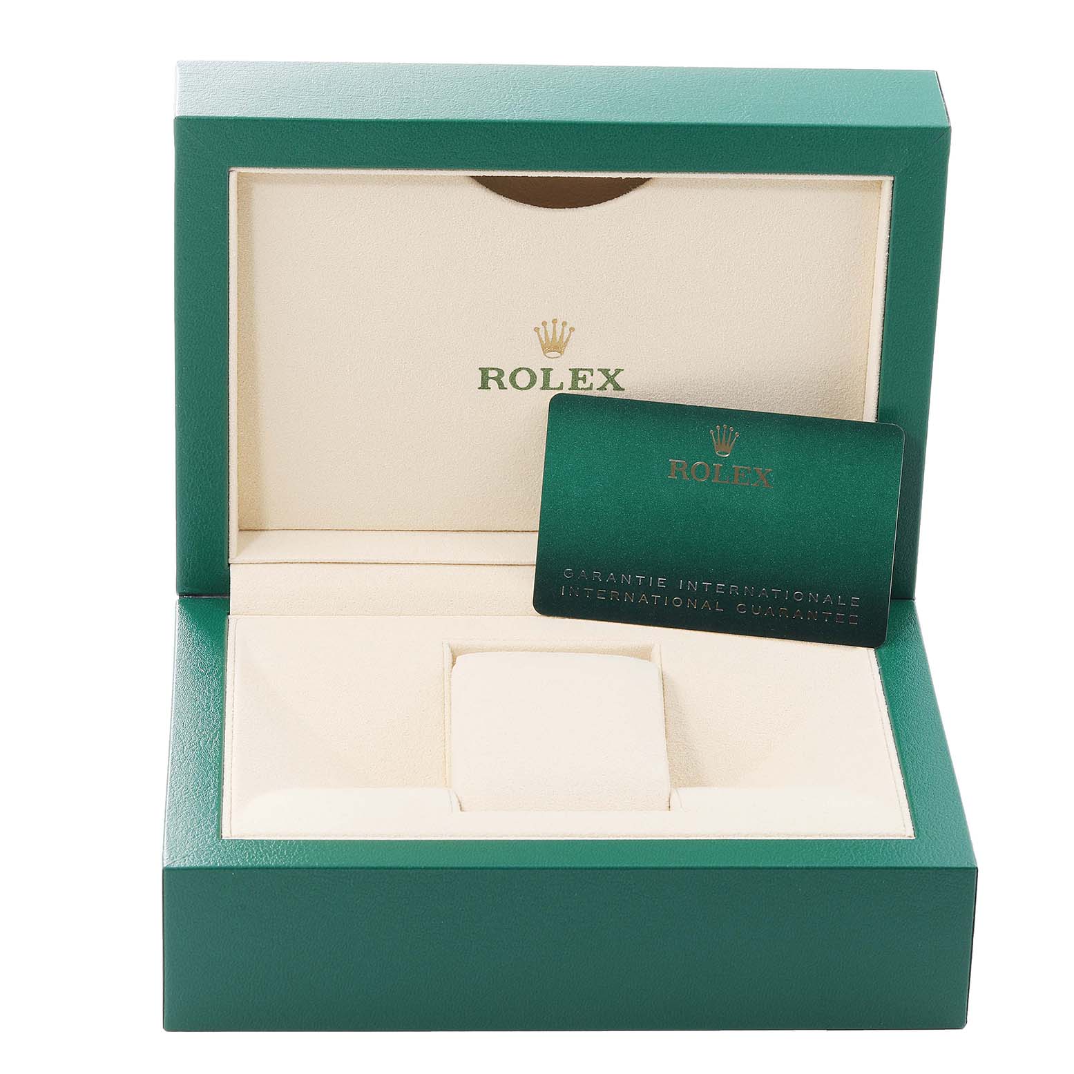 This image shows an open Rolex Datejust 126203 Men's Steel and Gold (two tone) White Dial 126203 Men's Steel and Gold (two tone) White Dial watch box with an international guarantee card inside.