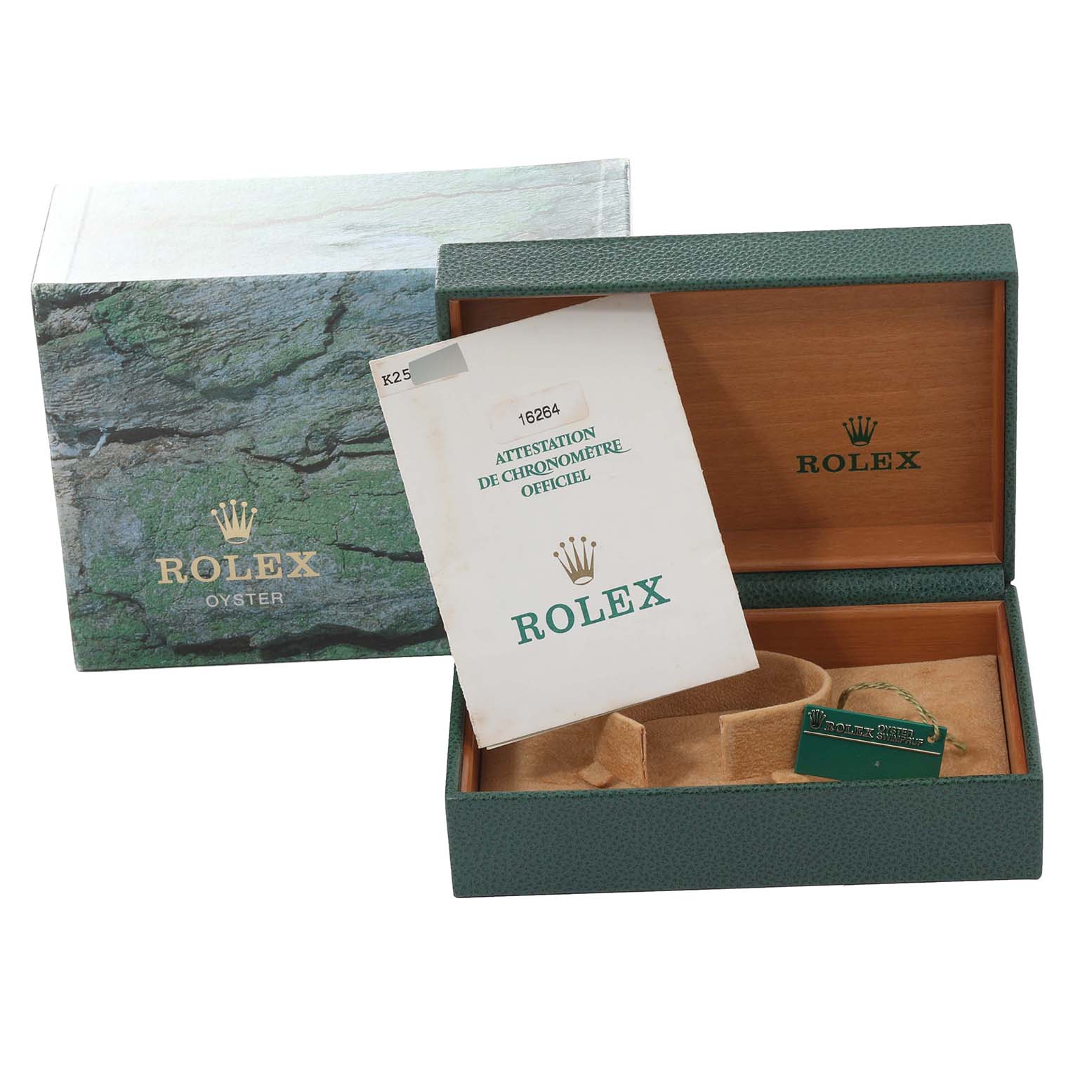 The image shows the box, manual, and tag accessories for the Rolex Turn-o-Graph 16264 Men's Stainless Steel Black Dial 16264 Men's Stainless Steel Black Dial model from an angled top view.