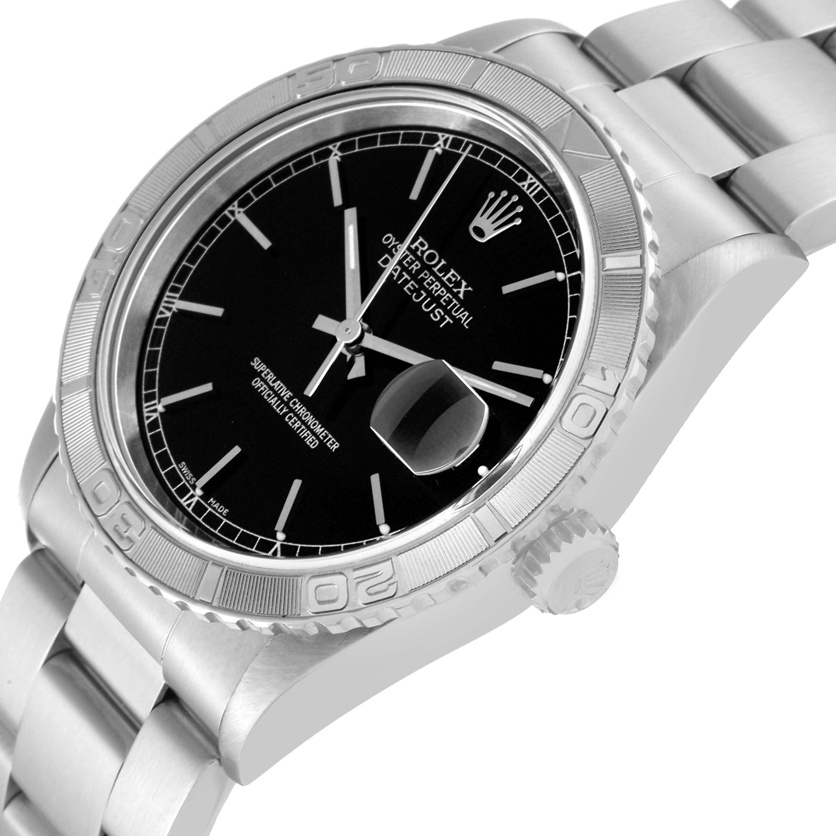 The Rolex Turn-o-Graph 16264 Men's Stainless Steel Black Dial 16264 Men's Stainless Steel Black Dial watch is shown at an angle, highlighting the bezel, dial, bracelet, and crown.
