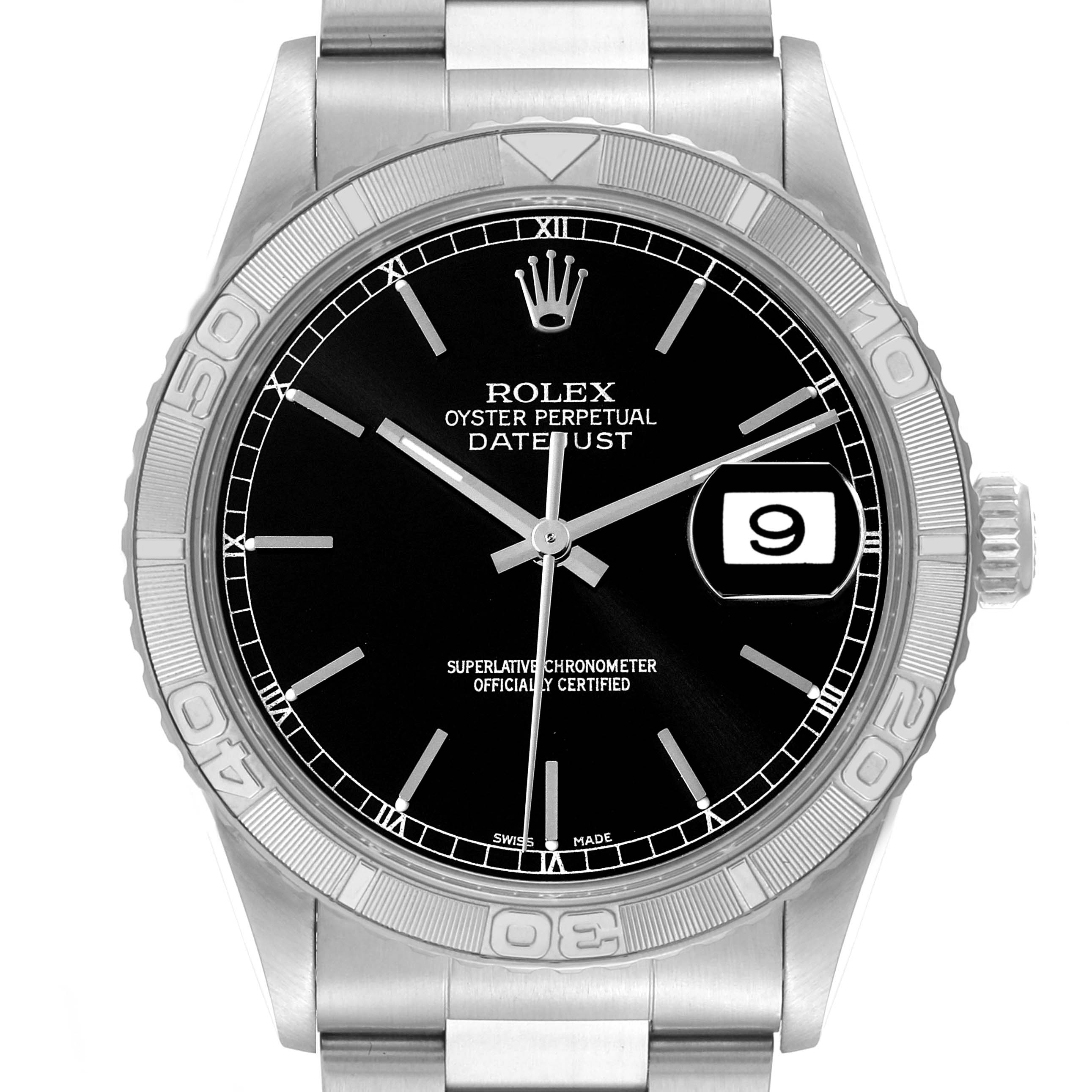 This image shows a front view of a Rolex Turn-o-Graph 16264 Men's Stainless Steel Black Dial 16264 Men's Stainless Steel Black Dial watch, displaying the dial, hands, bezel, date window, crown, and part of the bracelet.