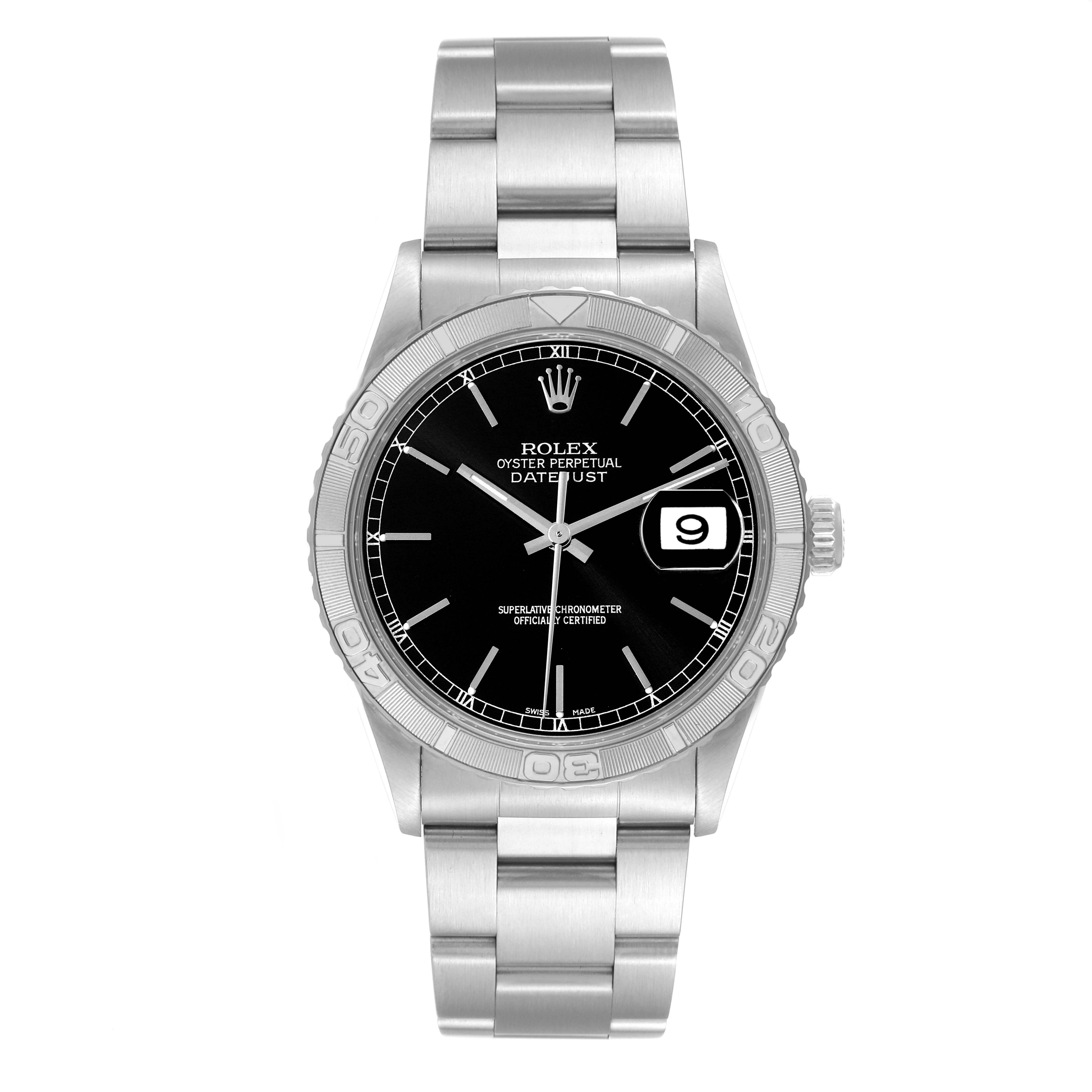 The image shows a front view of the Rolex Turn-o-Graph 16264 Men's Stainless Steel Black Dial 16264 Men's Stainless Steel Black Dial watch displaying the dial, bezel, bracelet, and date window.