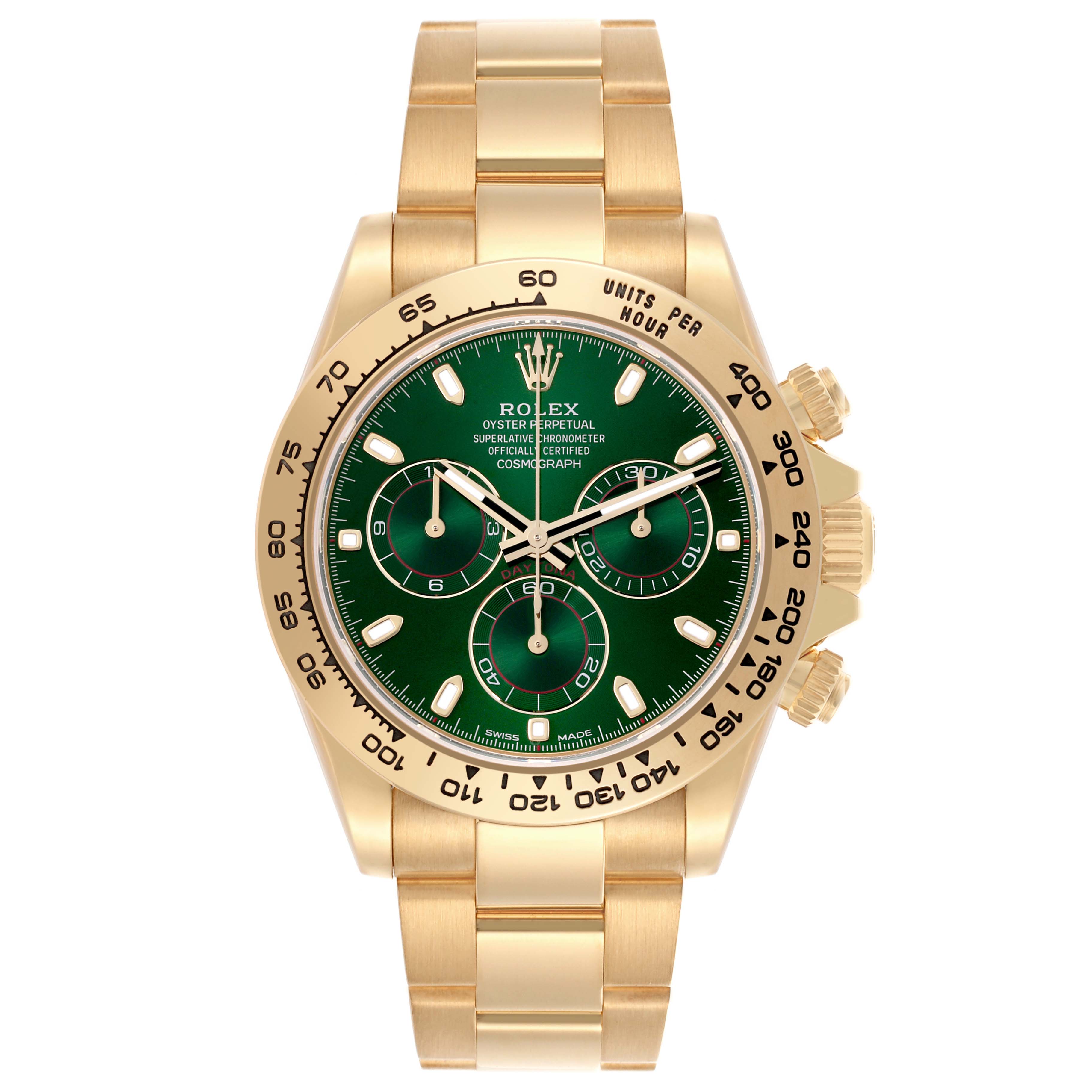 The Rolex Daytona 116508 Men's Yellow Gold Green Dial 116508 Men's Yellow Gold Green Dial watch is shown from a top view, displaying the dial, bezel, and bracelet in gold with a green face.