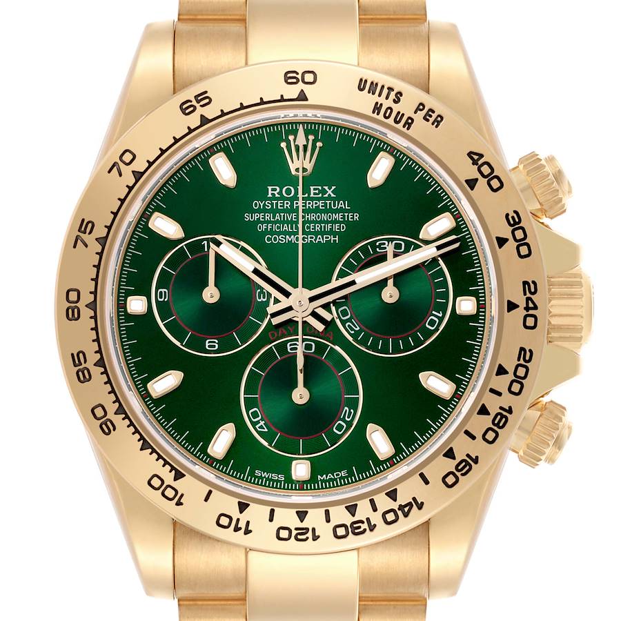 The Rolex Daytona watch is shown from the front, highlighting the green dial, subdials, and gold bezel with tachymetric scale.