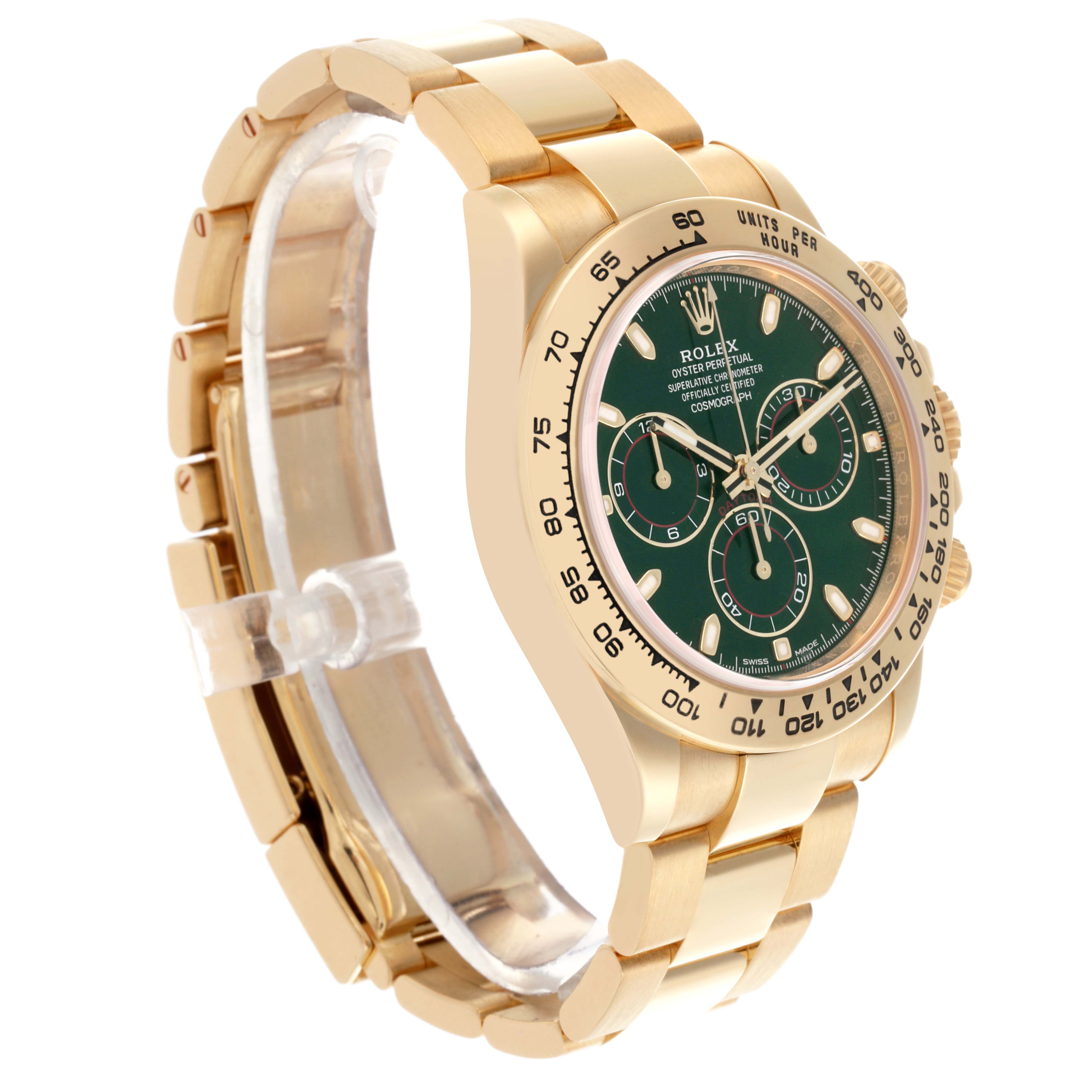 The Rolex Daytona 116508 Men's Yellow Gold Green Dial 116508 Men's Yellow Gold Green Dial watch is shown at a three-quarter angle, displaying the face, bezel, case, and bracelet.