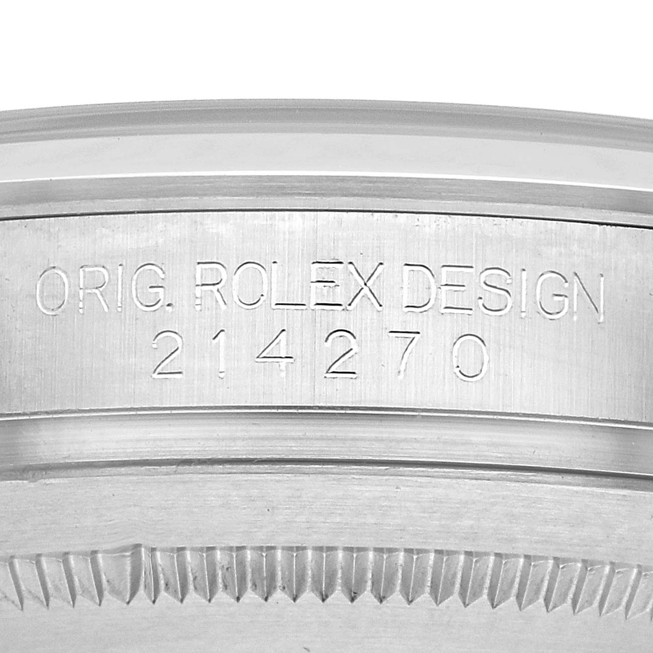 The image shows a close-up side view of the Rolex Explorer 214270 Men's Stainless Steel Black Dial 214270 Men's Stainless Steel Black Dial model, focusing on the engraved model number "214270."