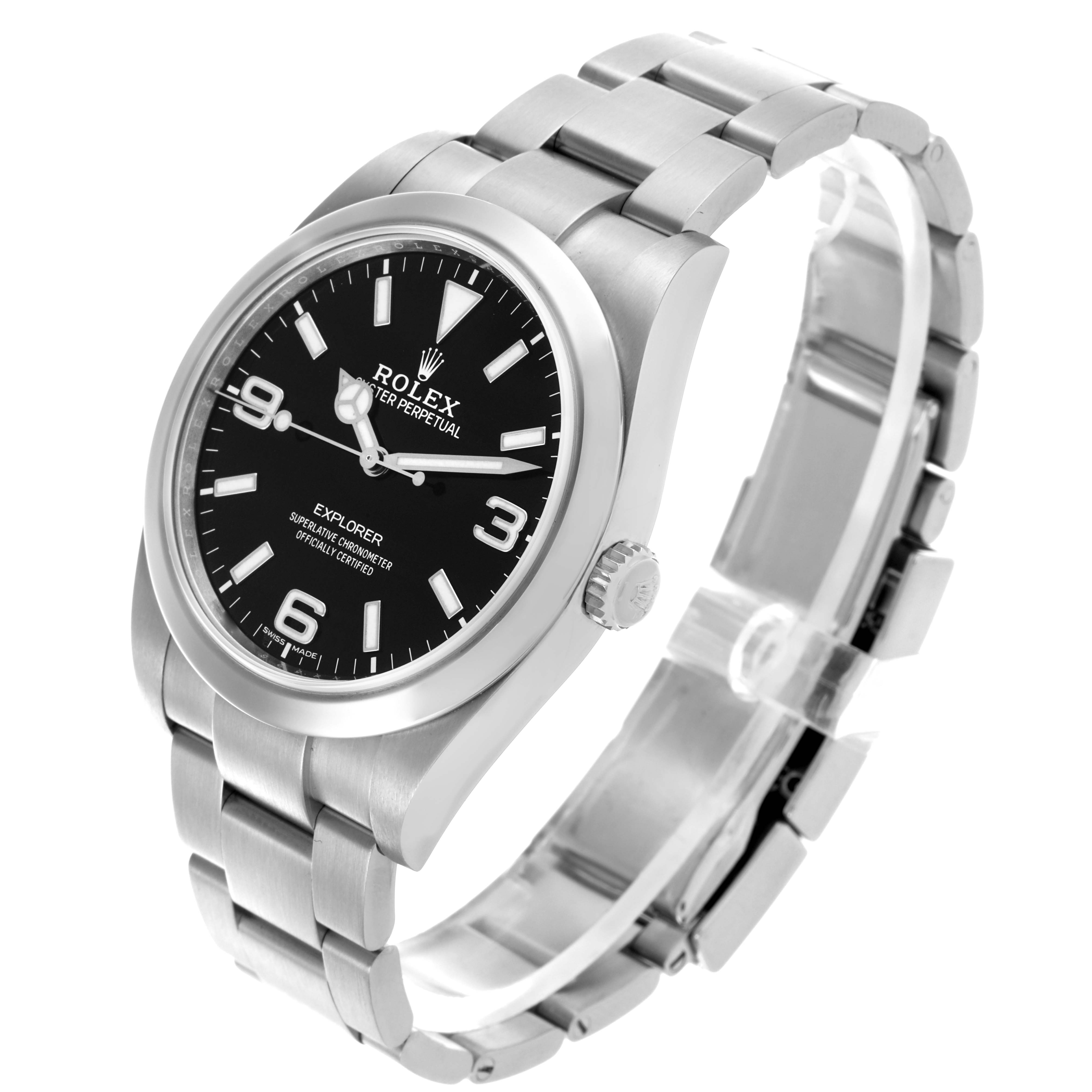 The Rolex Explorer 214270 Men's Stainless Steel Black Dial 214270 Men's Stainless Steel Black Dial watch is shown at a three-quarter angle, displaying the dial, crown, and bracelet.